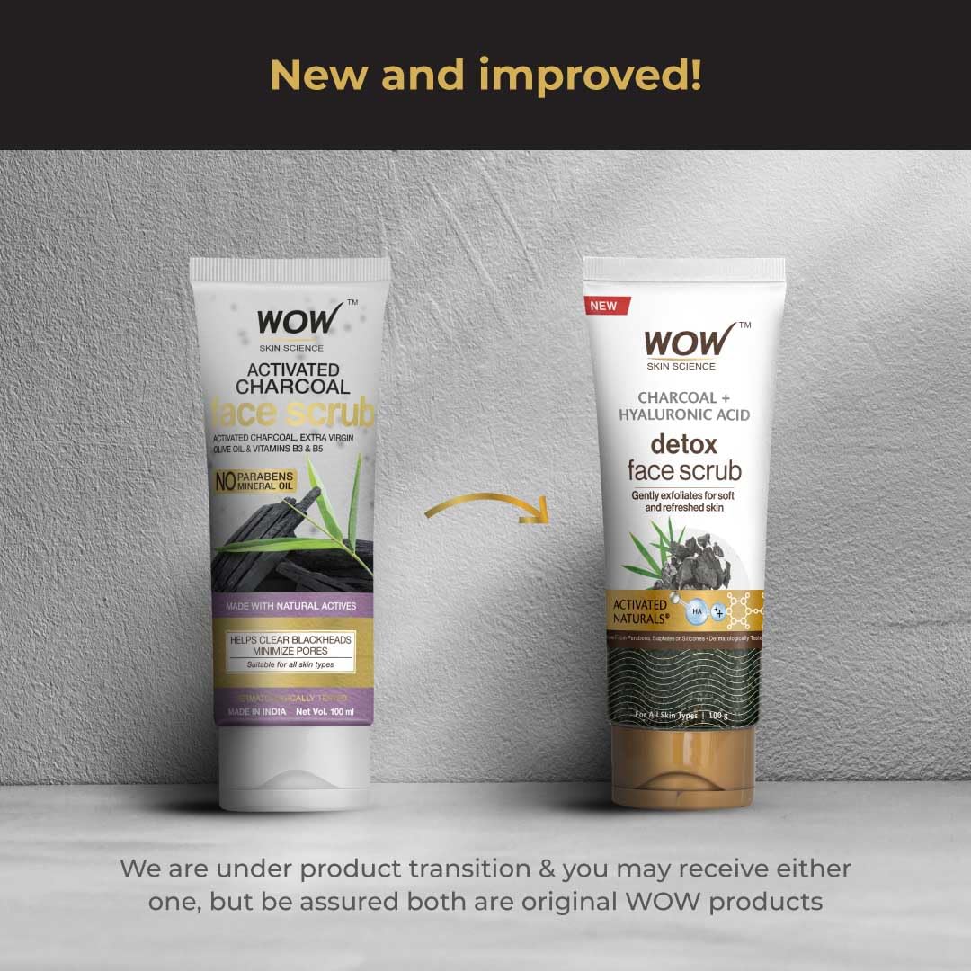 WOW Skin Science Charcoal & Hyaluronic Acid Face Scrub - Deep Cleansing & Hydrating Detox Treatment for Oily & Acne-Prone Skin | Unclogs Pores, Removes Blackheads & Controls Oil | Improves Skin Elasticity | 100g | Perfect for Daily Skincare Routine & Pre-Makeup Prep