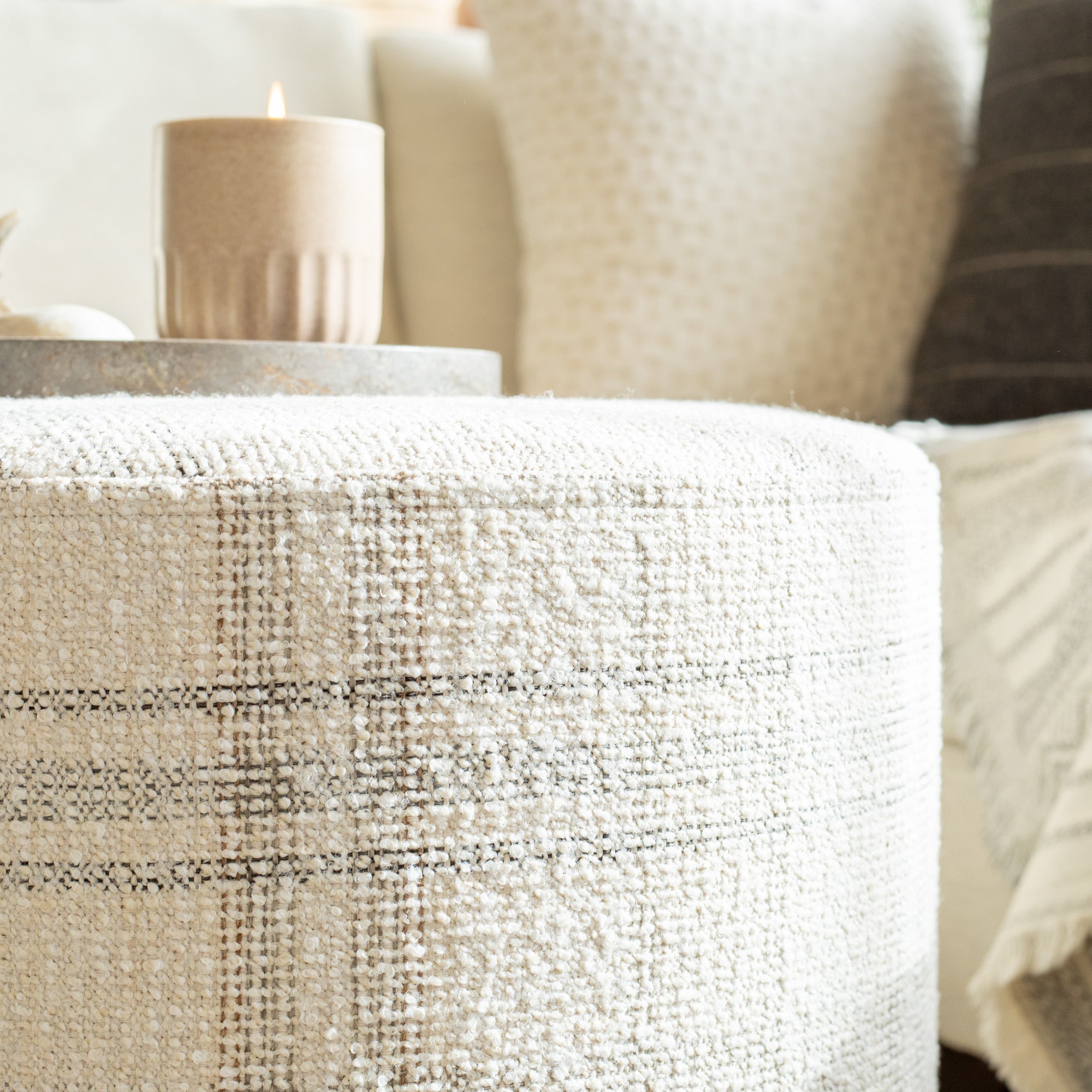 Hugo 18x16 Round Ottoman with Salt & Pepper Fabric - Perfect for Living Room, Bedroom or Office Footrest & Extra Seating