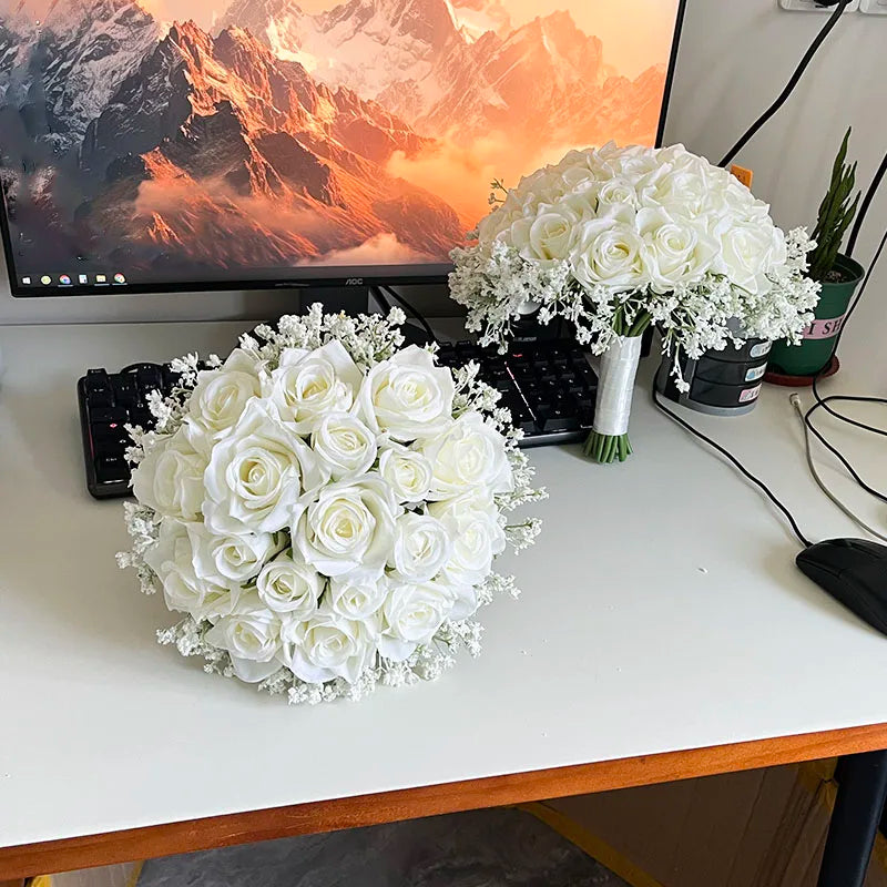 Artificial White Roses with Baby's Breath Bouquet - Elegant Bridesmaid Bouquets & Wedding Table Centerpiece Decor for Bridal Showers, Receptions, and Home Decor