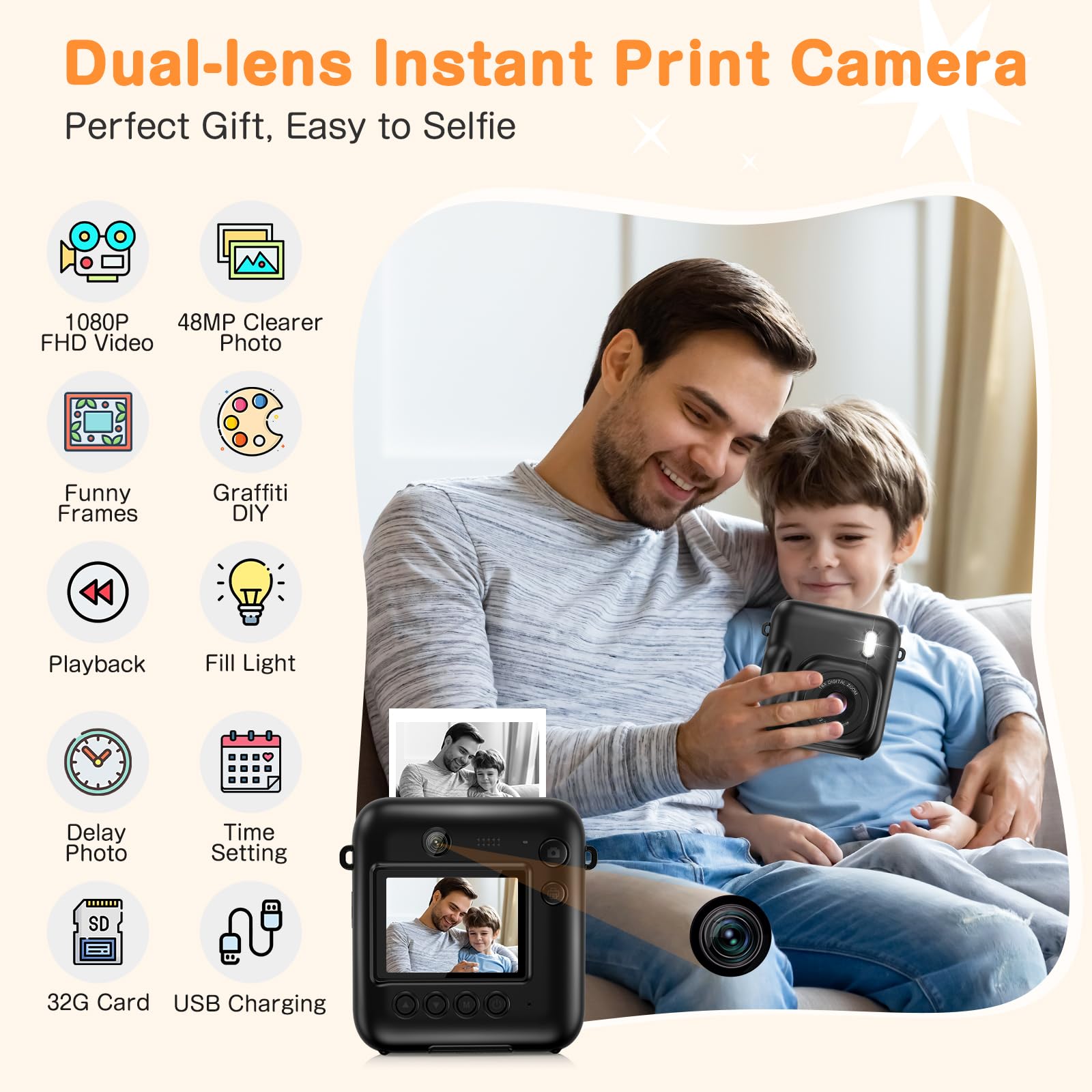 48MP Kids Instant Print Camera with Dual Lens - 1080P HD Selfie Digital Camera for Boys & Girls, Includes 32GB Card - Perfect Christmas & Birthday Gift for Kids (Black) - Capture Memories at Parties, Travel & Family Events