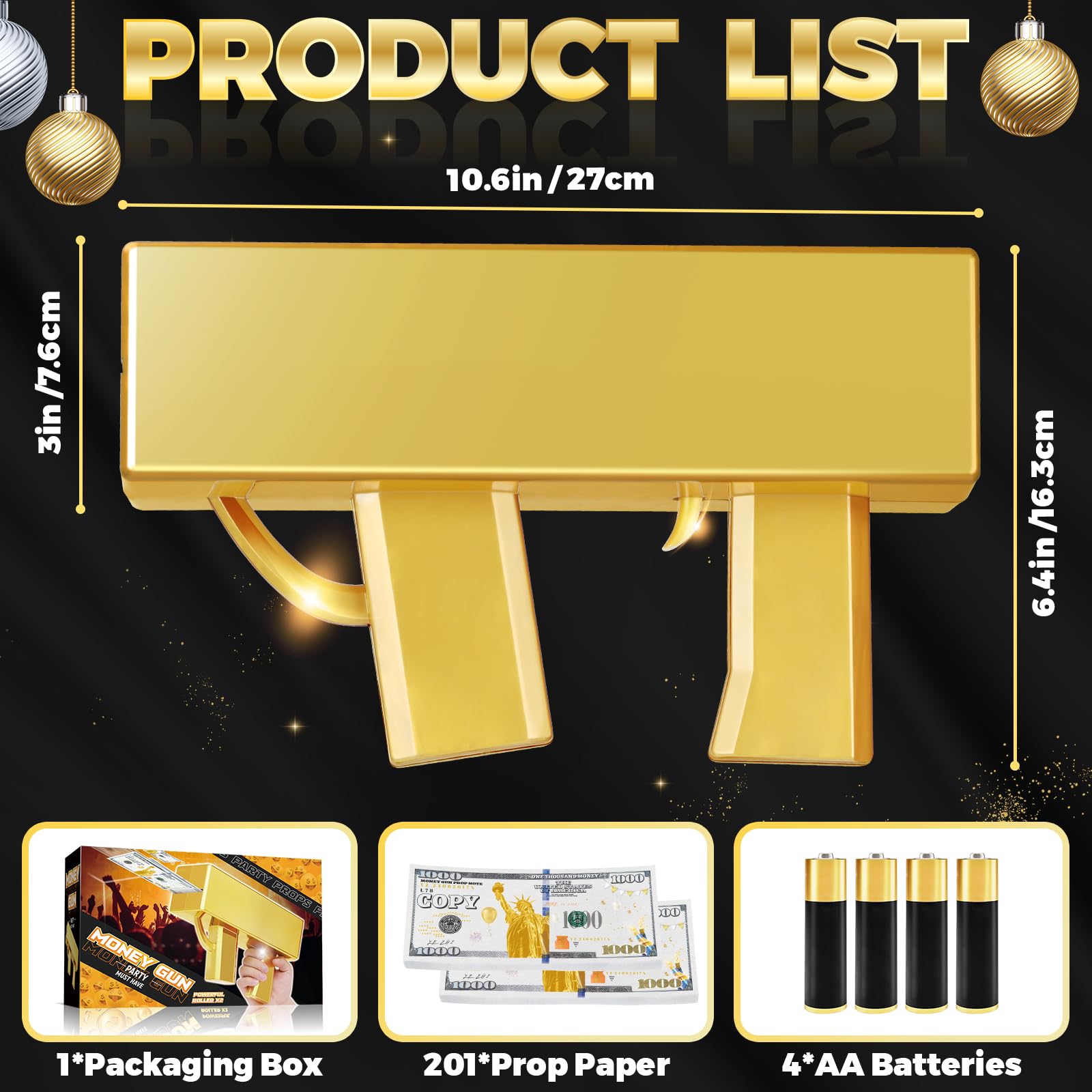 Gold Money Gun Shooter Toy with 201 PCS Props & 4 AA Batteries - Non-Functional Money Thrower Gun for Pretend Play, Party Supplies & Photo Props | Perfect for Birthday Parties, Bachelorette Events & TikTok Videos