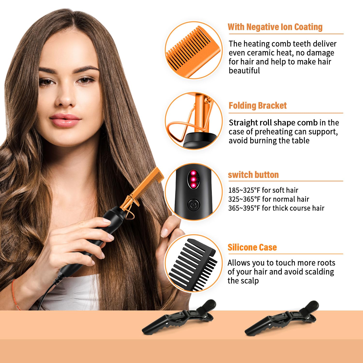 Electric Hot Comb Set for Natural Black Hair & Wigs - Straightener, Curling Iron, Pressing Combs with Wig Glue & Hair Wax Stick - Includes Rat Tail Comb & Salon Clips - Perfect for Home Styling & Professional Salon Use