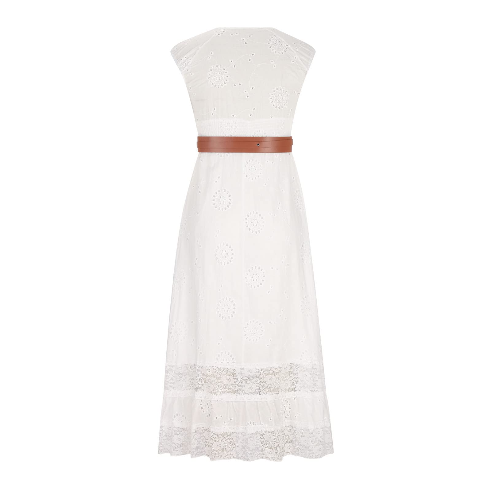 Elegant White Summer Maxi Dress for Women - V-Neck Lace Sleeve Wedding Guest & Bridesmaid Dress with Belt | Perfect for Beach Weddings, Garden Parties & Formal Occasions
