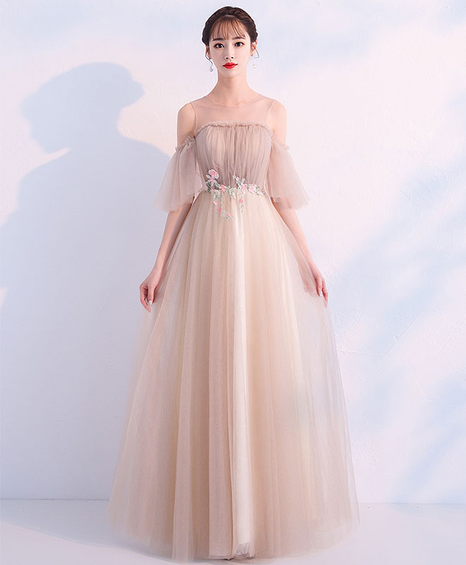 Elegant Champagne Round Neck Tulle Long Prom Dress | Formal Evening Gown for Women | Perfect for Prom, Homecoming, Wedding & Special Occasions