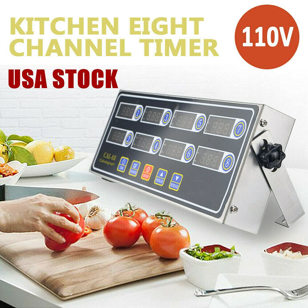 8-Channel Digital Kitchen Timer with Loud Alarm - Commercial Stainless Steel Cooking Timer for Restaurants, Bakeries & Home Use - Perfect for Burgers, Baking & Multi-Task Cooking (110V)
