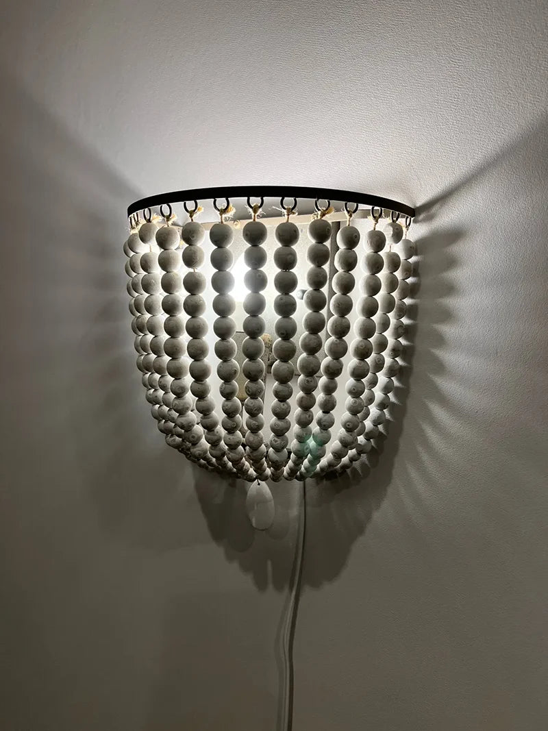 Handmade Wooden Bead Cascade Wall Lamp - Boho Chic Hanging Light Fixture for Bedroom, Living Room & Dorm Decor