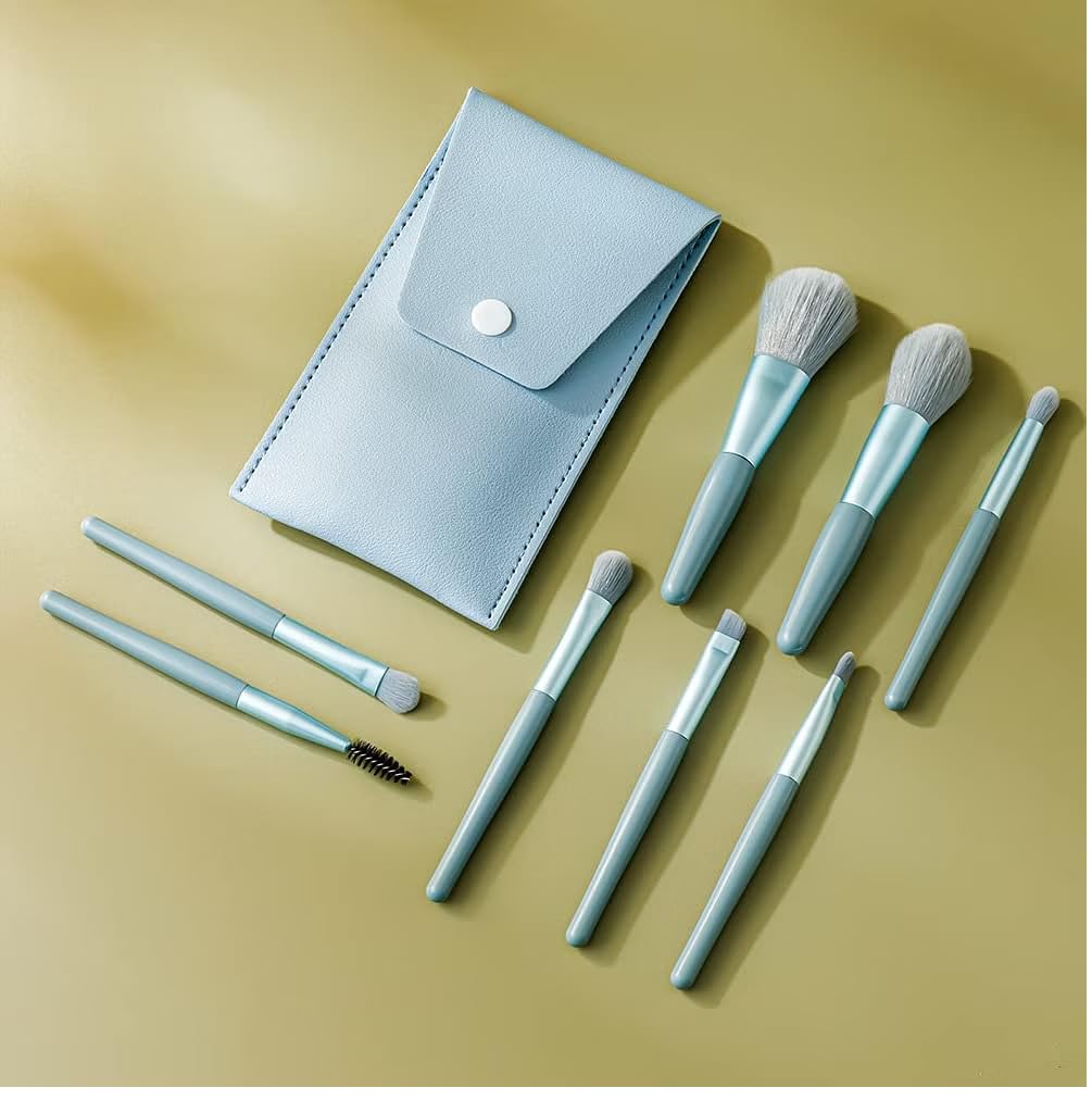 URBANMAC 8PCS Mini Makeup Brush Set with Storage Case - Blue Gray | Professional Cosmetic Brushes for Eyeshadow, Foundation & Blending | Perfect Travel Makeup Kit for On-the-Go Beauty