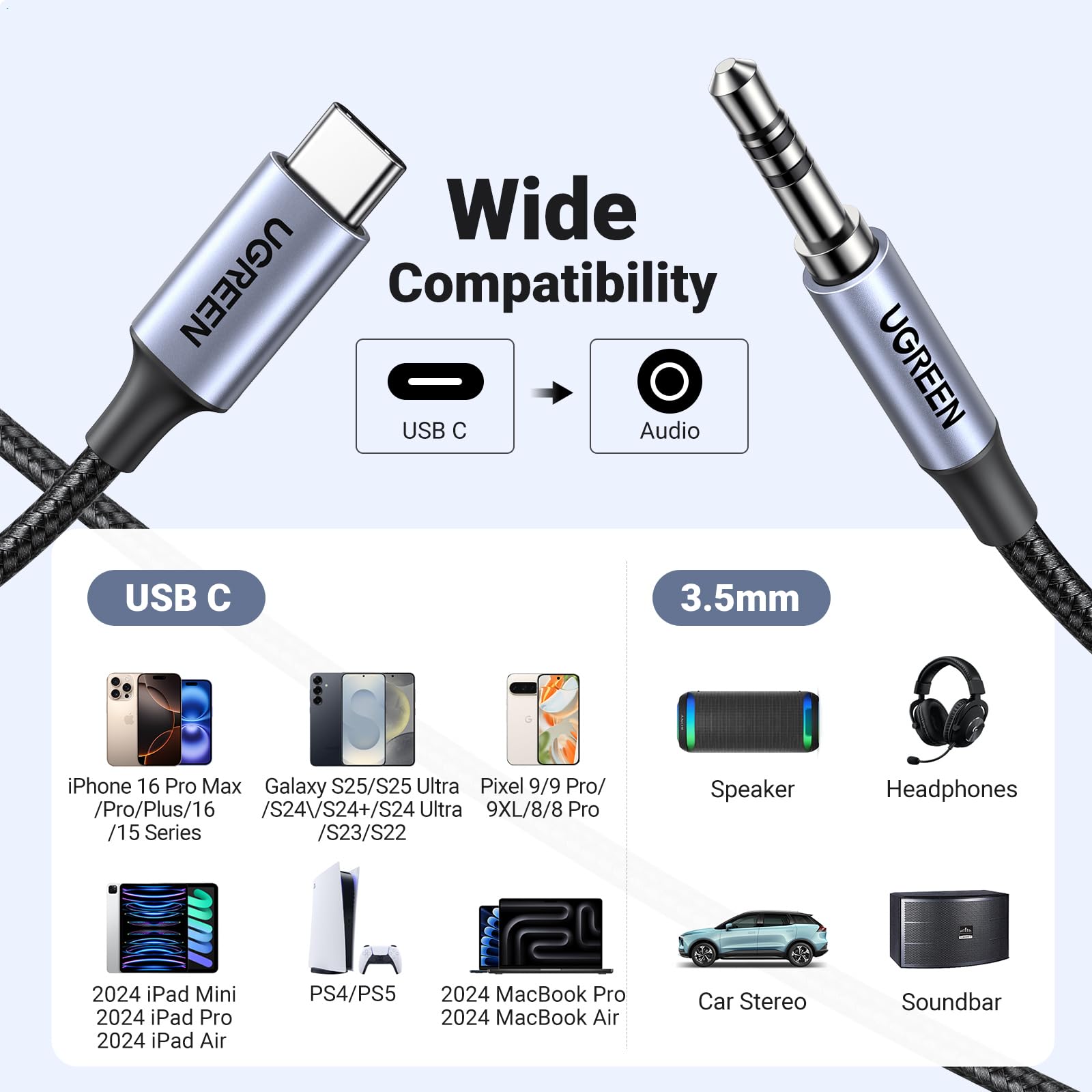 UGREEN USB C to 3.5mm Audio Adapter - Hi-Fi Stereo Aux Cable with 10FT Length - Compatible with iPhone 16/15 Pro Max/Plus, Galaxy S25/S24 Ultra, iPad & Pixel 9 - Perfect for Car, Home & Travel Audio (Grey)