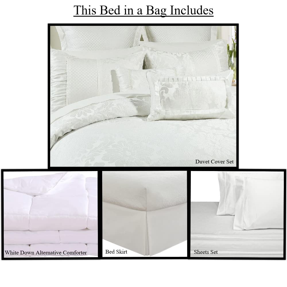 13-Piece California King Size SARA Bed in a Bag Set - White Duvet Cover, 100% Cotton Sheets, Bed Skirt & Down Alternative Comforter | Luxury Bedding for Master Bedroom & Guest Room