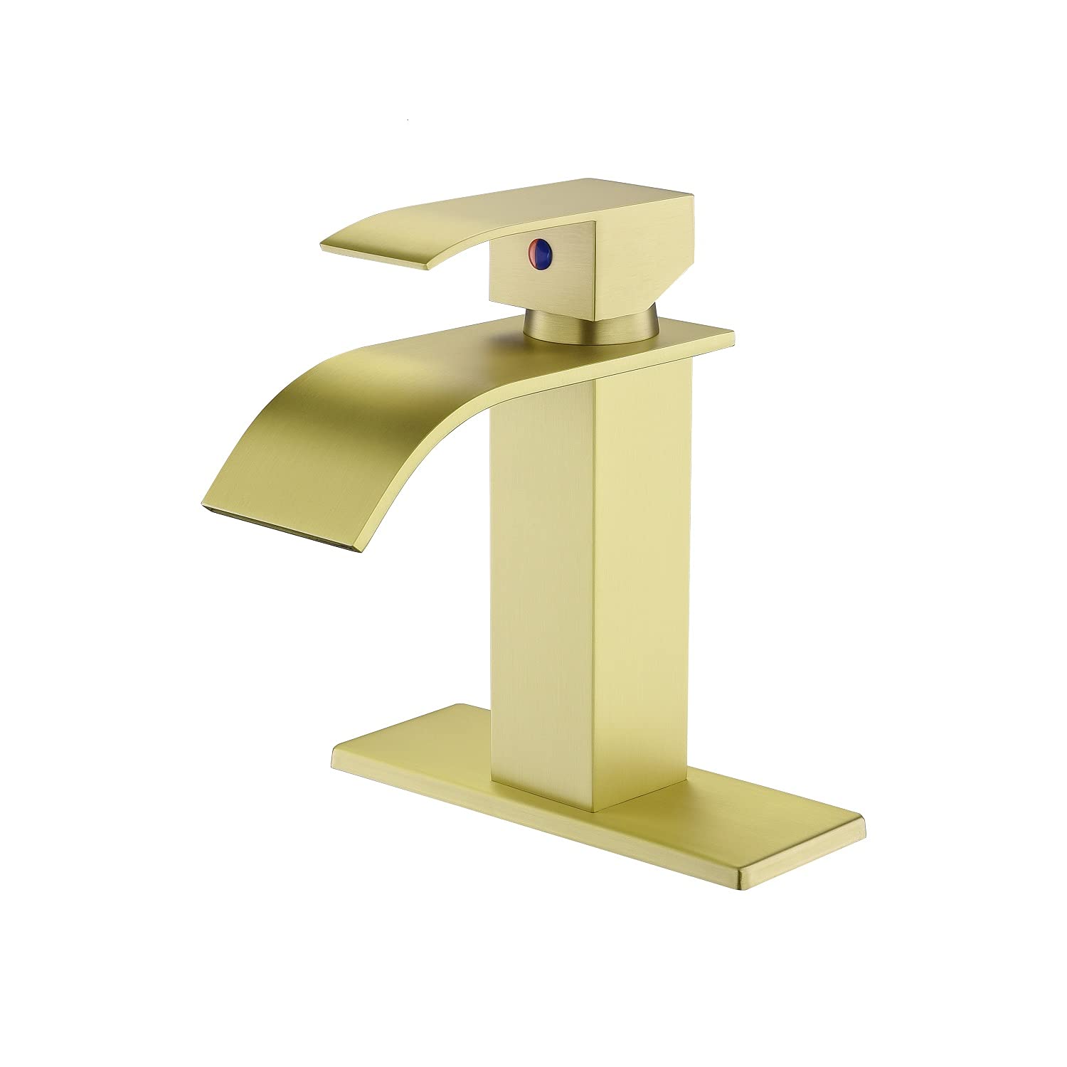 Cesicia Single Hole Waterfall Bathroom Faucet - Gold Vanity Sink Faucet with Pop-Up Drain & Deck Plate for Modern Bathroom & Powder Room Decor