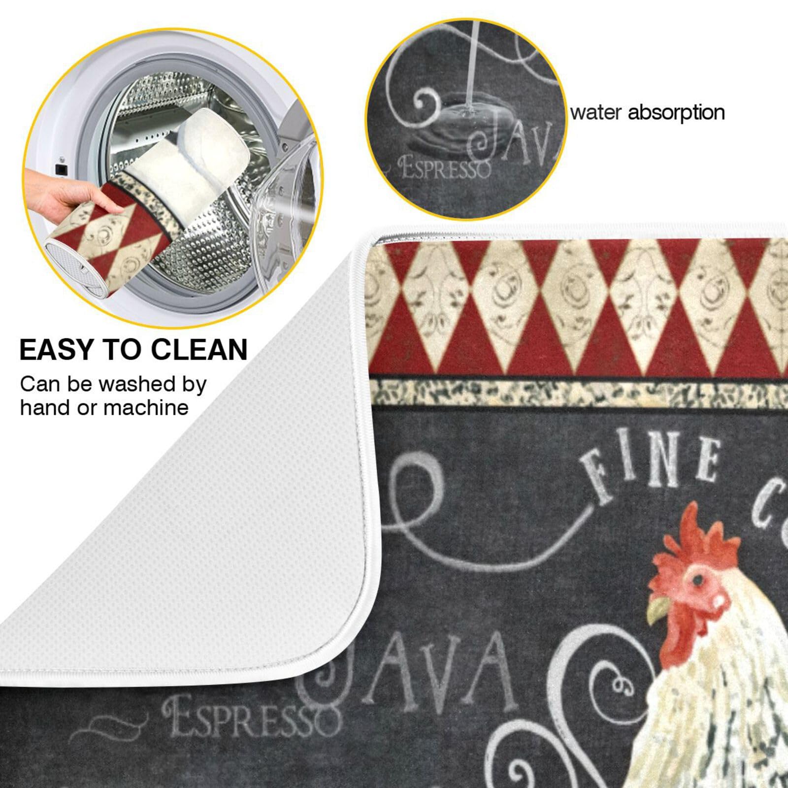 Premium Coffee Rooster Dish Drying Mat - Ultra Absorbent Reversible Microfiber Kitchen Counter Protector (18