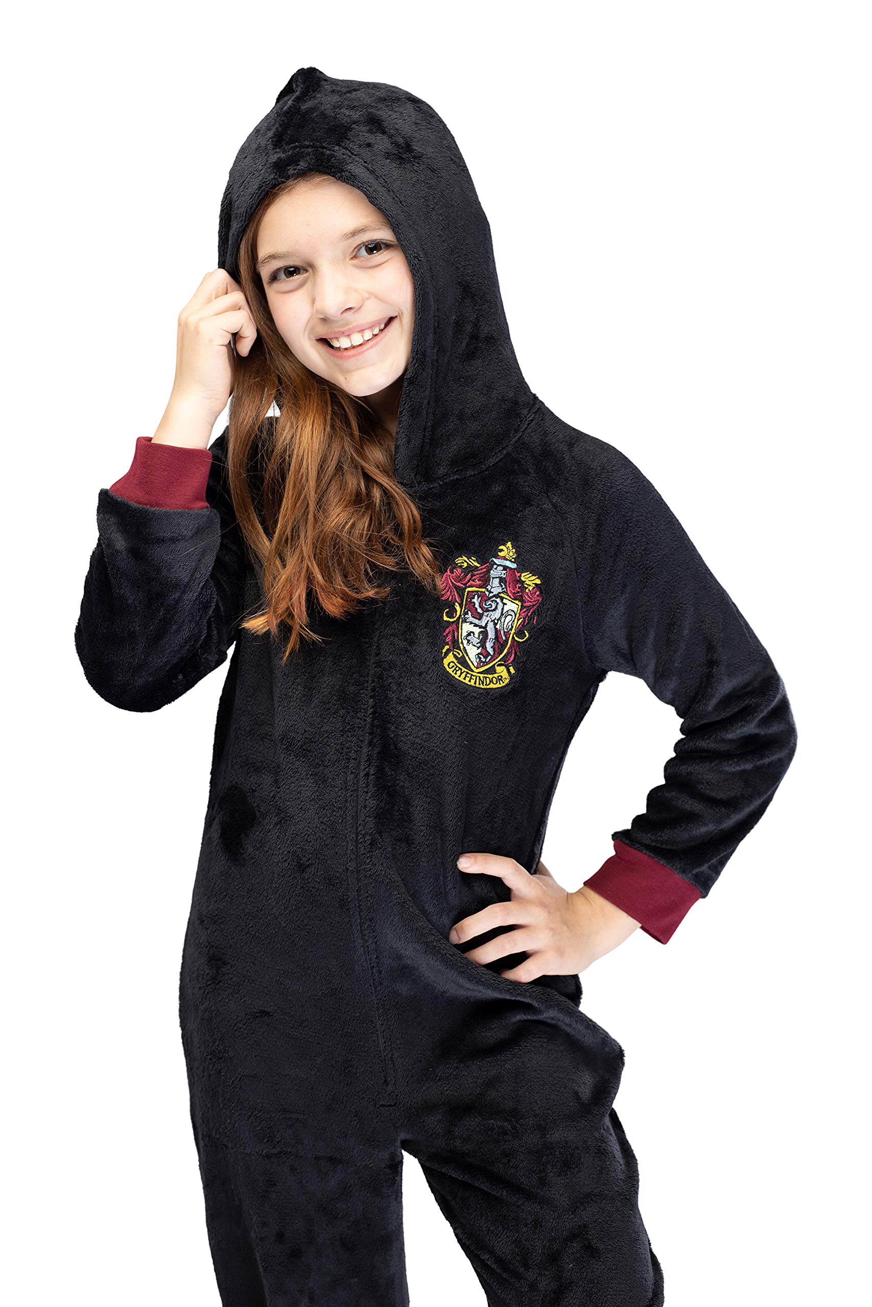 Harry Potter Unisex Kids Hooded Pajama Union Suit - Gryffindor, Slytherin, Ravenclaw & Hufflepuff 4 Houses - Soft Fleece Onesie for Boys & Girls - Perfect for Halloween Costumes, Christmas Gifts & Cozy Family Movie Nights