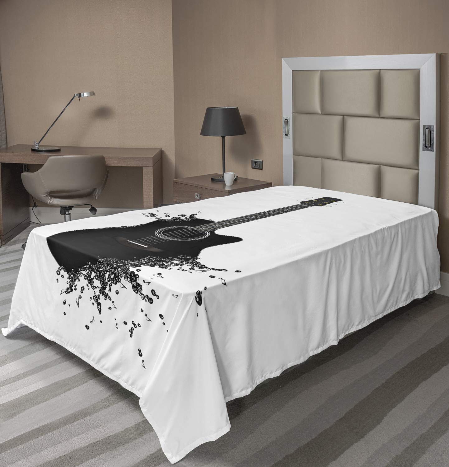 Ambesonne Guitar Print Twin Flat Sheet - Black & White Monochrome Acoustic Instrument Design - Soft & Comfortable Decorative Bedding for Music Lovers - Perfect for Bedrooms, Dorms, Music Studios & Gift Giving