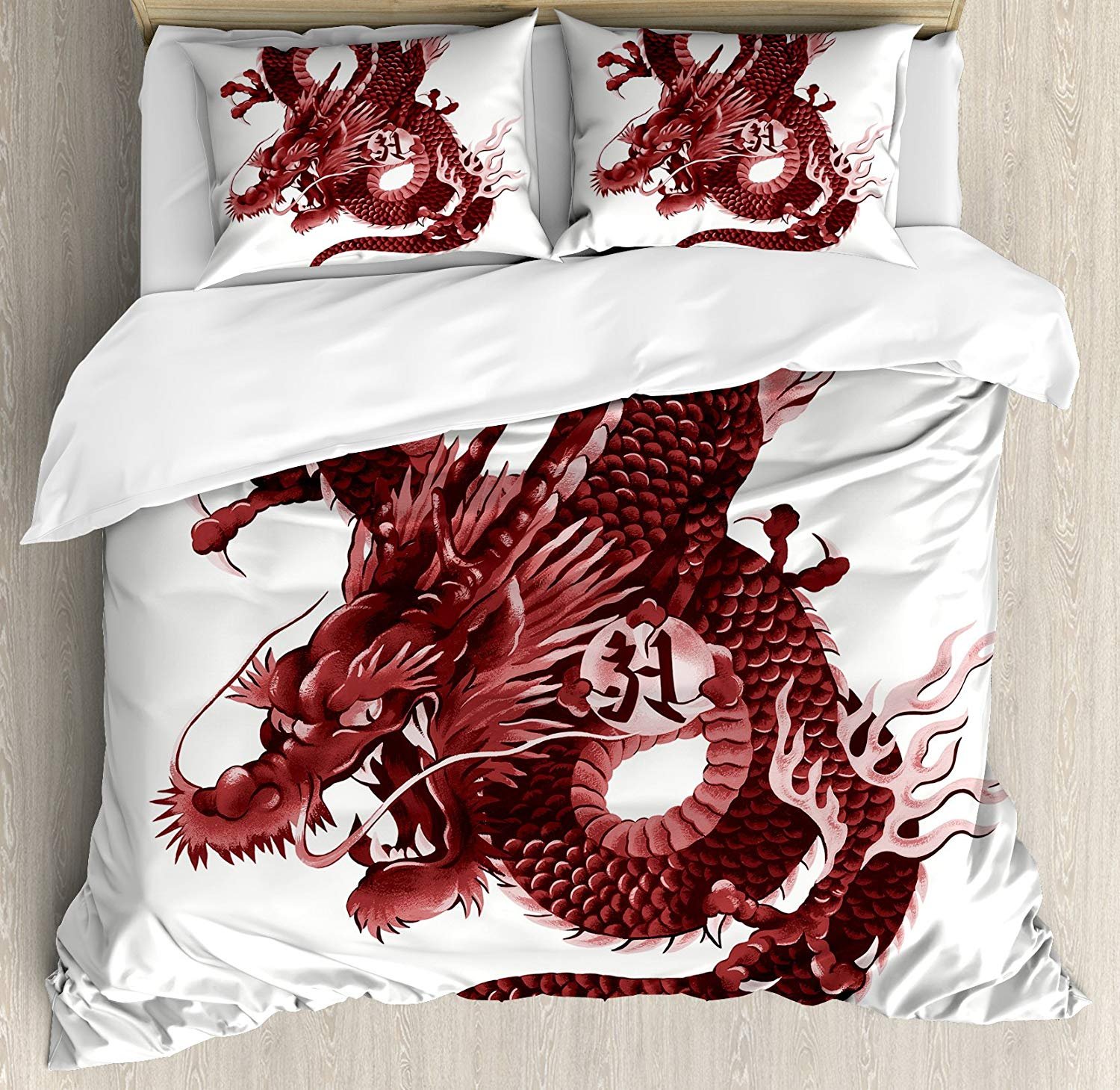 Japanese Dragon 4-Piece Bedding Set with Tatsu Symbol - Full Size Duvet Cover, Sheets & Pillowcases for Kids, Teens & Adults | Mythical Decor for Asian-Themed Bedrooms