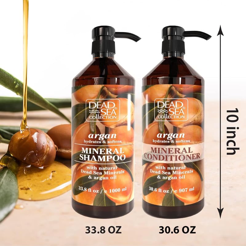 Dead Sea Minerals Shampoo & Conditioner Set with Argan Oil - Hydrating & Softening Hair Care for All Hair Types (33.8oz Shampoo + 30.6oz Conditioner) - Perfect for Dry, Damaged Hair & Daily Nourishment
