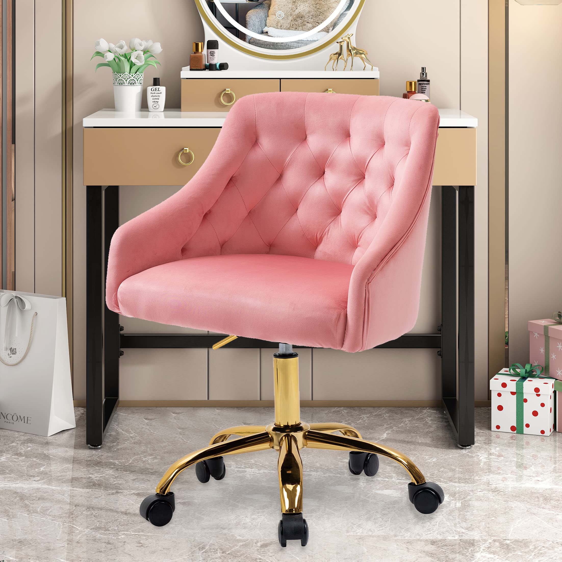Ergonomic Home Office Chair - 360° Swivel Modern Desk Chair with Adjustable Height, Upholstered Fabric & Wheels - Comfortable Vanity Chair for Office, Living Room, Bedroom (Green/Gold) - Perfect for Remote Work, Gaming & Study Sessions