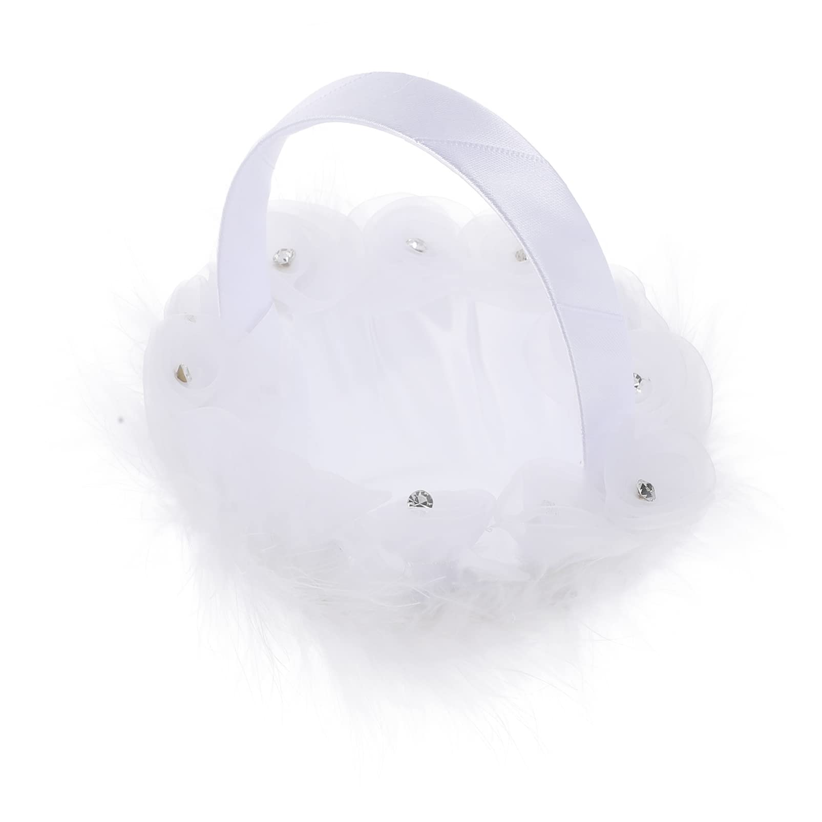 Luxshiny Elegant Wedding Flower Girl Basket with Ostrich Feathers & Lace Flowers - Rhinestone Decorated Fairy Lace Collection Basket for Bridal Party, Flower Girls, and Special Occasions