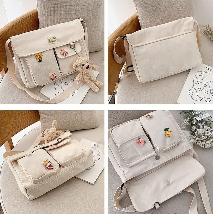 Stylish Canvas Crossbody Bag for Women - Cute Messenger Purse with Pins & Pendant - Fashionable Shoulder Bag for School, Work & Daily Use