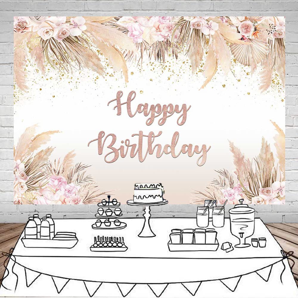 Boho Happy Birthday Backdrop for Women & Girls - Bohemian Chic Pink Flowers & Pampas Grass Vinyl Photo Booth Background (8x6ft) - Perfect for Birthday Parties, Cake Tables, and Decorations