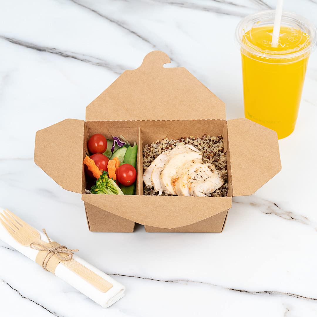 Eco-Friendly 47oz Kraft Paper Takeout Containers - 200 Pack 2-Compartment Greaseproof Food Boxes with Secure Tab-Lock | Ideal for Restaurants, Catering & Meal Prep | Safe for Hot/Cold Foods, Perfect for Takeout, Delivery & Leftovers