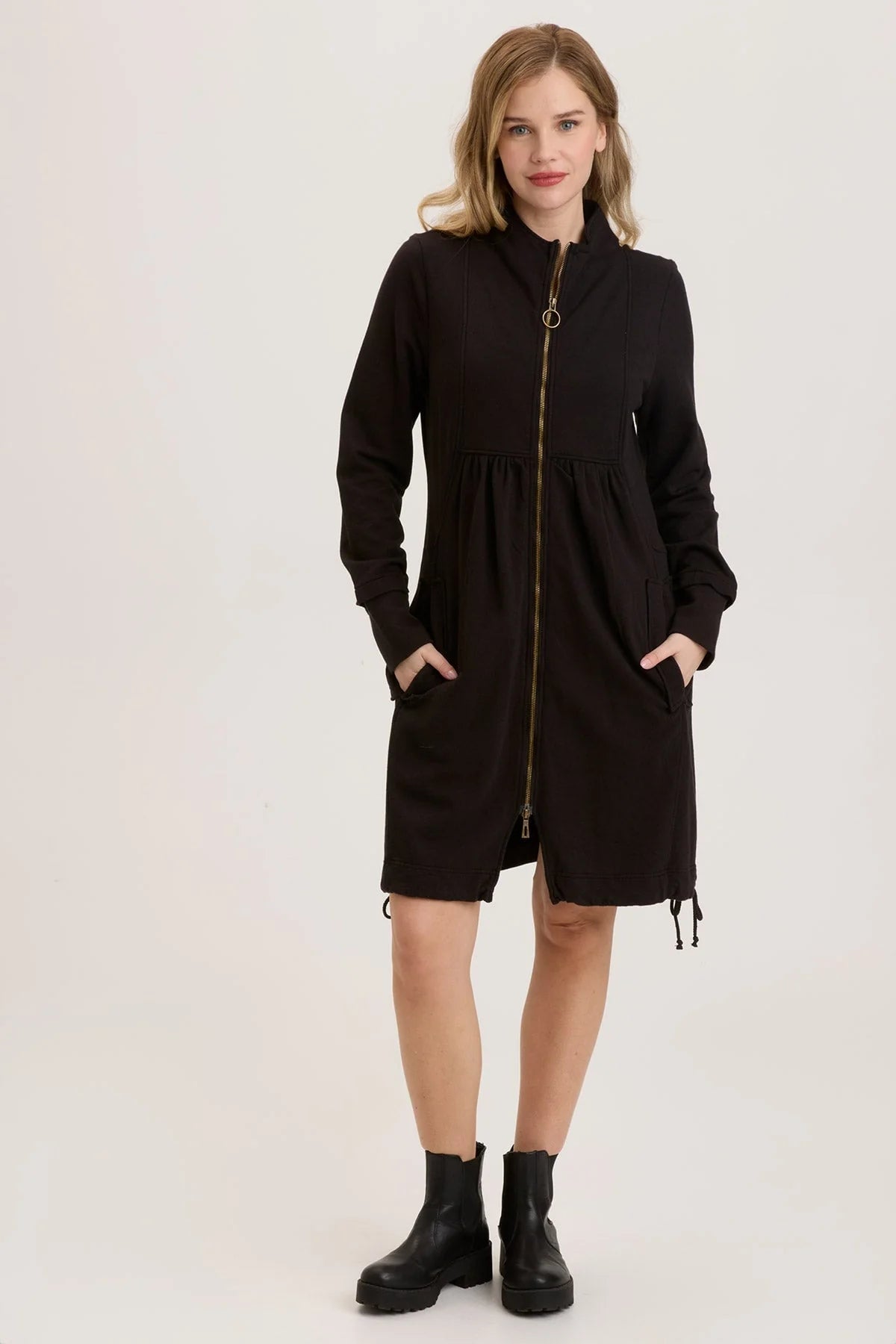 Women's Black Fleece Funnel Neck Long Coat - Winter Warm Outerwear for Casual & Outdoor Activities