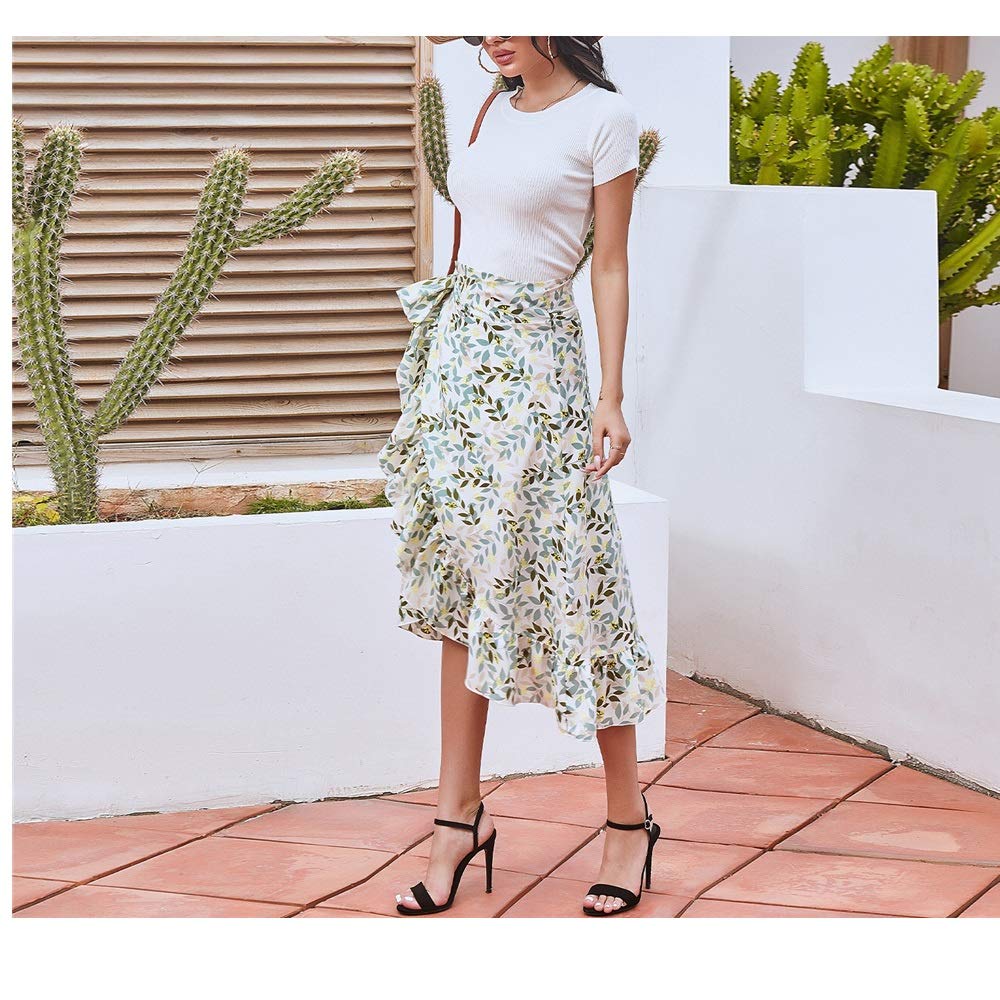 Women's Floral Chiffon Midi Skirt - High Waist Wrap Side Asymmetrical Bohemian Long Skirt for Summer Beach Vacation, Outdoor Date Night & Casual Wear