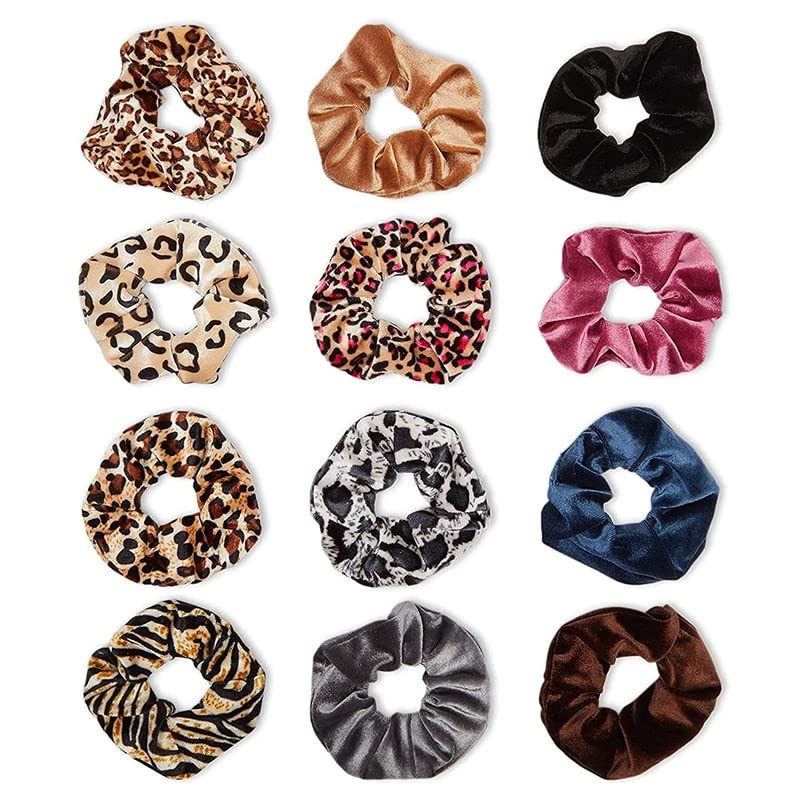 FAMEZA Velour Animal Print Hair Scrunchies for Women, Teens & Girls - 12 Pack Soft Stretchy Hair Ties - Perfect for School, Work, Gym & Everyday Fashion Accessories