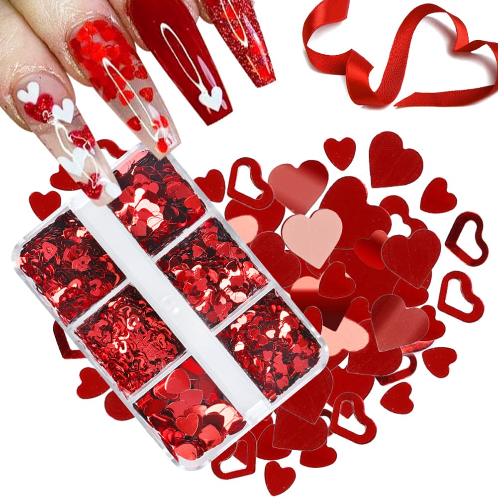 3D Heart Nail Sequins - 6 Grids Valentine's Day Nail Art Stickers, Laser Cut Heart Glitter Flakes for Acrylic Nails Design, Romantic Nail Decorations (Perfect for Valentine's Day, Wedding, Party & Special Occasion Nail Art)
