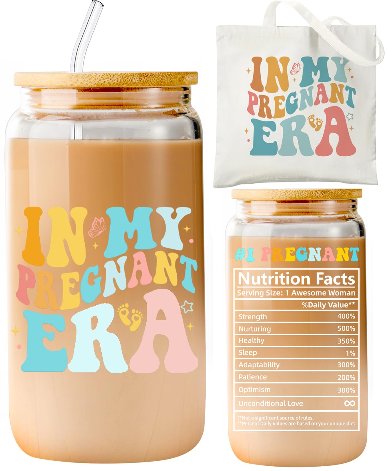 Funny Pregnancy Gifts for Expecting Moms - Iced Coffee Glass Cup & Cotton Tote Bag Set - Perfect First Time Mom Gift for Baby Shower, Christmas or Mother's Day - Great for Maternity Photos, Coffee Dates & Nursery Decor