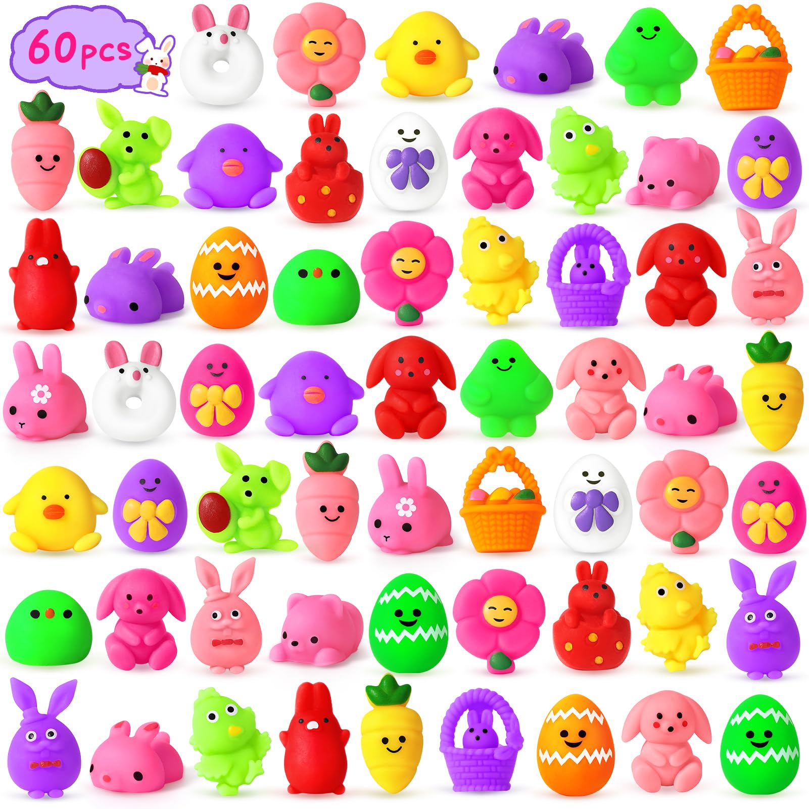 NPET Easter Squishy Toys 60pcs - Cute Animal Squishies for Kids Party Favors & Easter Basket Fillers