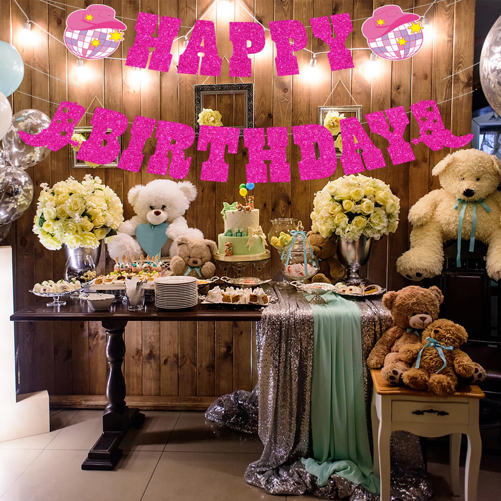 Western Cowgirl Happy Birthday Decorations - Glitter Banner with Boot & Cowgirl Hat Disco Ball Garland for Bachelorette Party, Girls Birthday & Western Theme Events - Perfect for Country Dance Parties, Cowgirl Birthday Bash & Western Decor