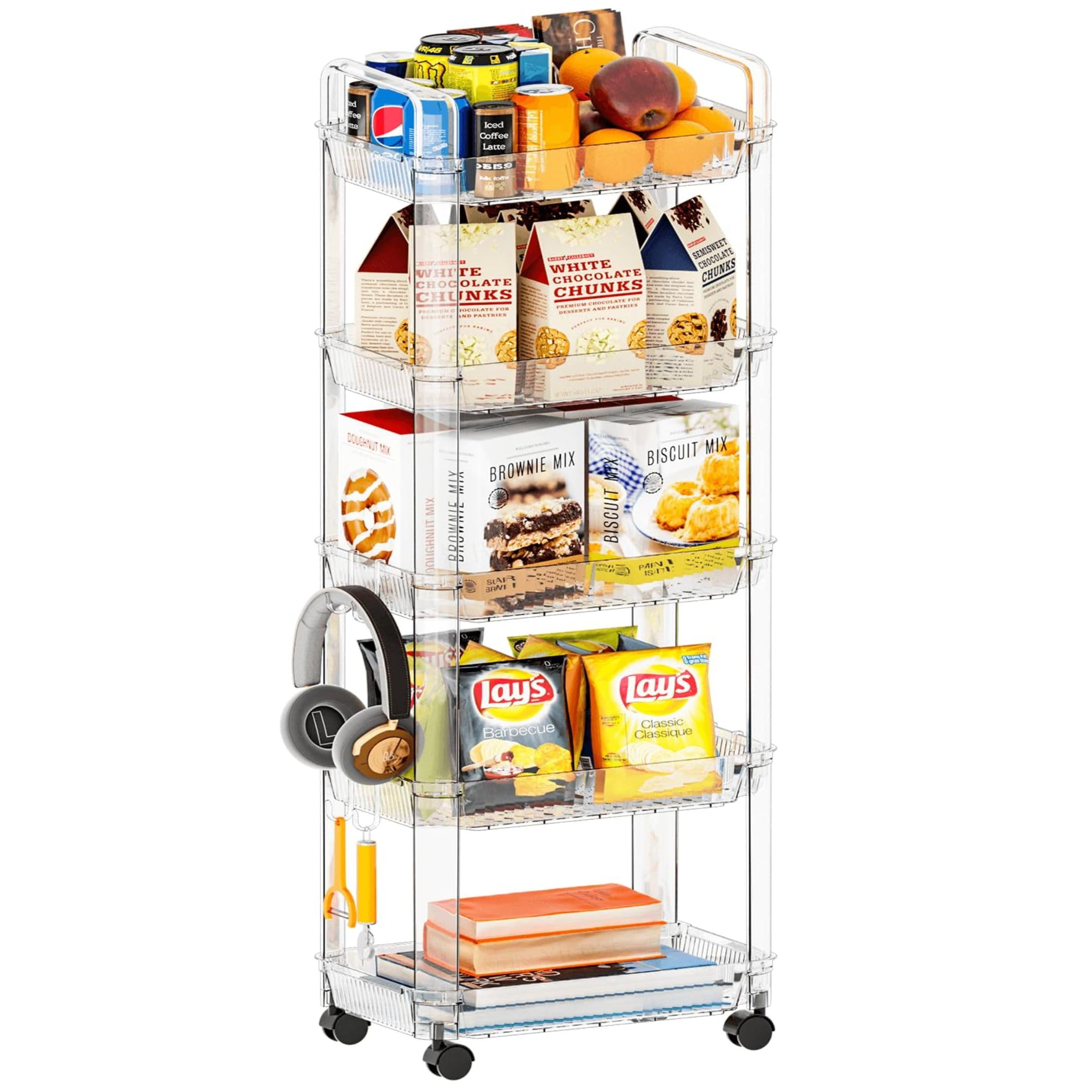 5-Tier Rolling Cart with Wheels - Clear Acrylic Utility Storage Cart for Dorm Room, Bathroom, Kitchen, Art Supplies & Diaper Organization | Mobile Storage Solution for Small Spaces & Home Organization