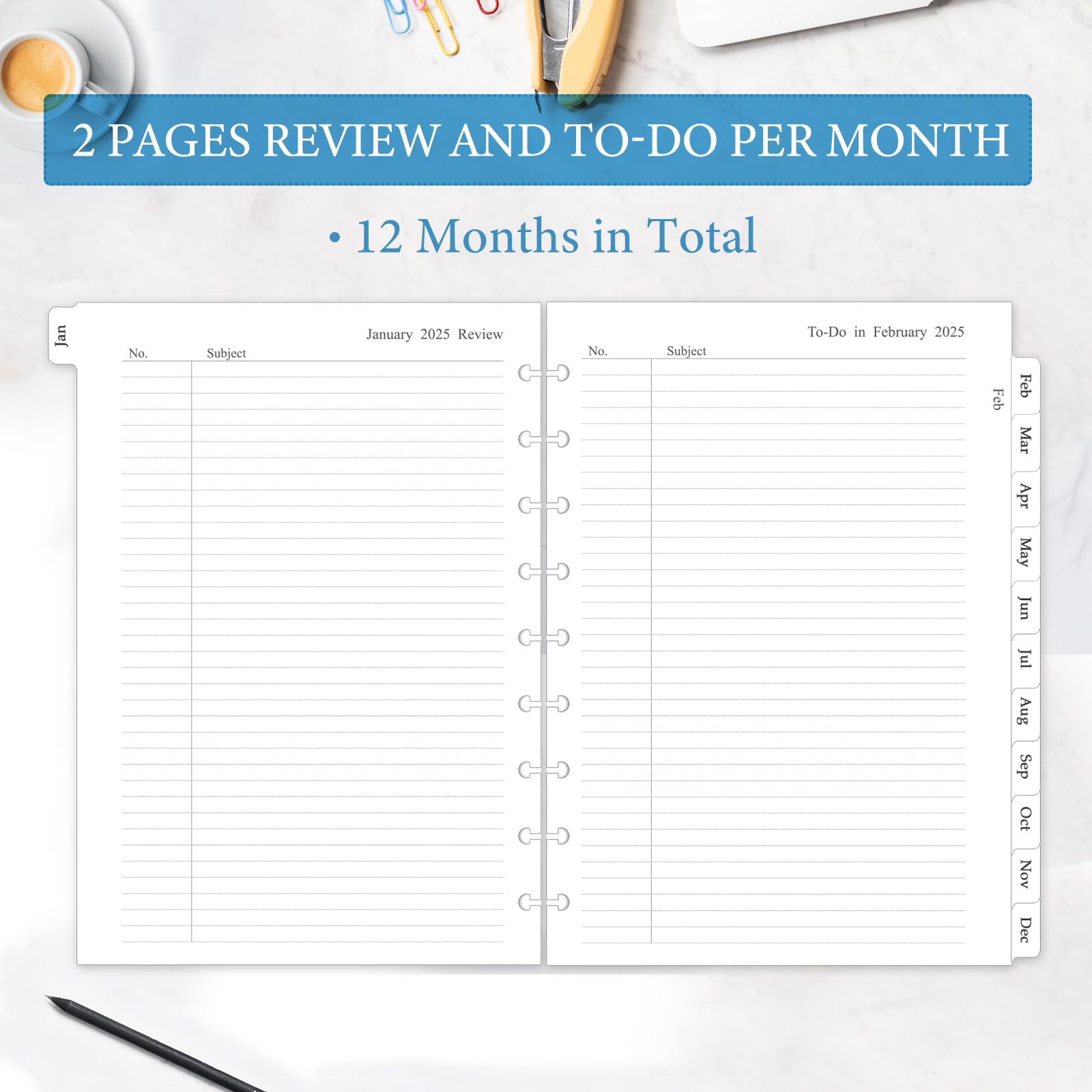 2025 Monthly Planner Refill Inserts for 9-Disc Discbound System - 12 Month Calendar with Tabs, 7