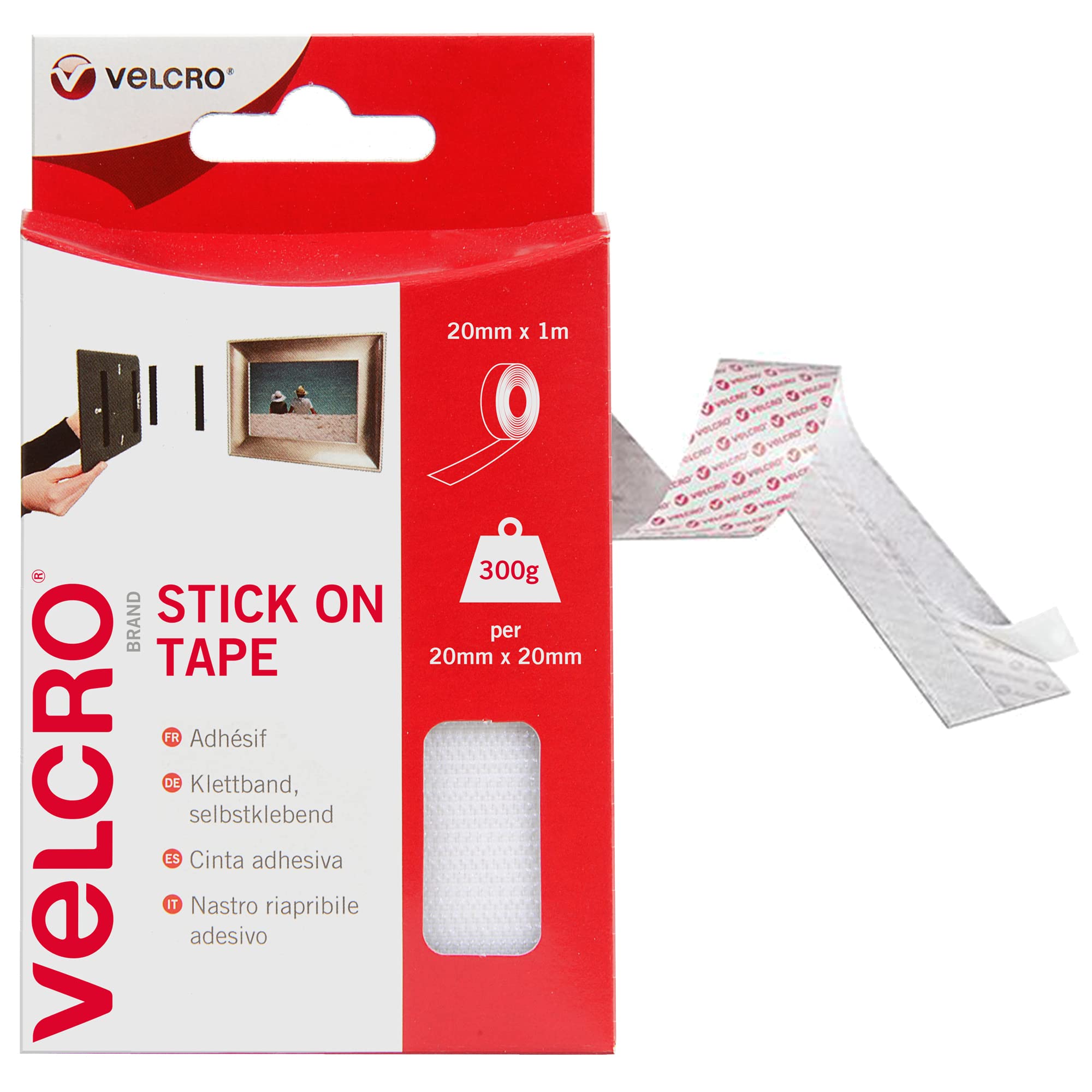 VELCRO Brand VEL60210 20mm x 100cm White Stick On Tape - Heavy Duty Adhesive Hook and Loop Fastener for DIY Crafts, Home Organization & Office Use (20mm x 1m Roll)