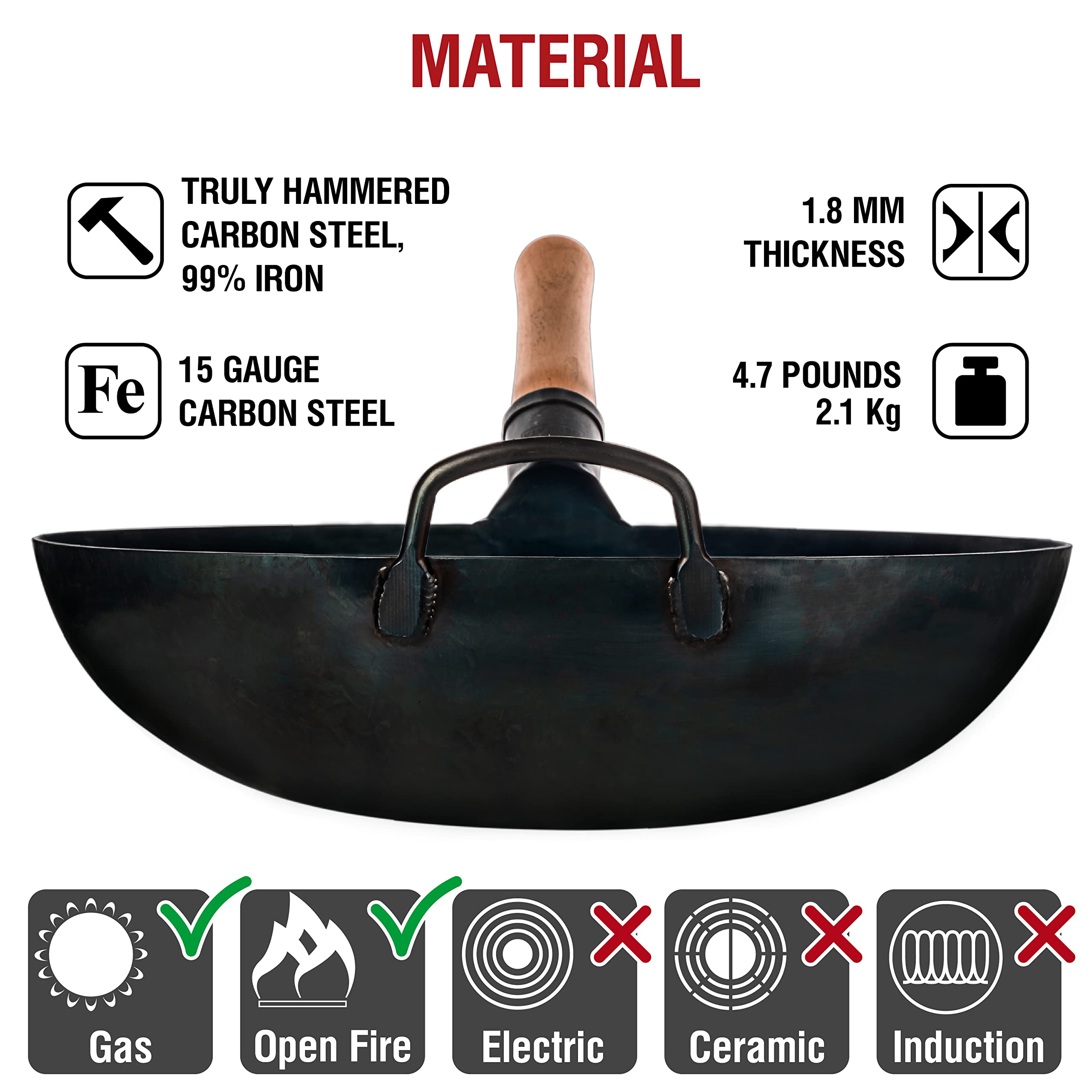 YOSUKATA 14 Inch Blue Round Bottom Carbon Steel Wok Pan - Traditional Chinese & Japanese Hammered Stir Fry Cookware - Perfect for Home Cooking, Asian Cuisine & Professional Chefs