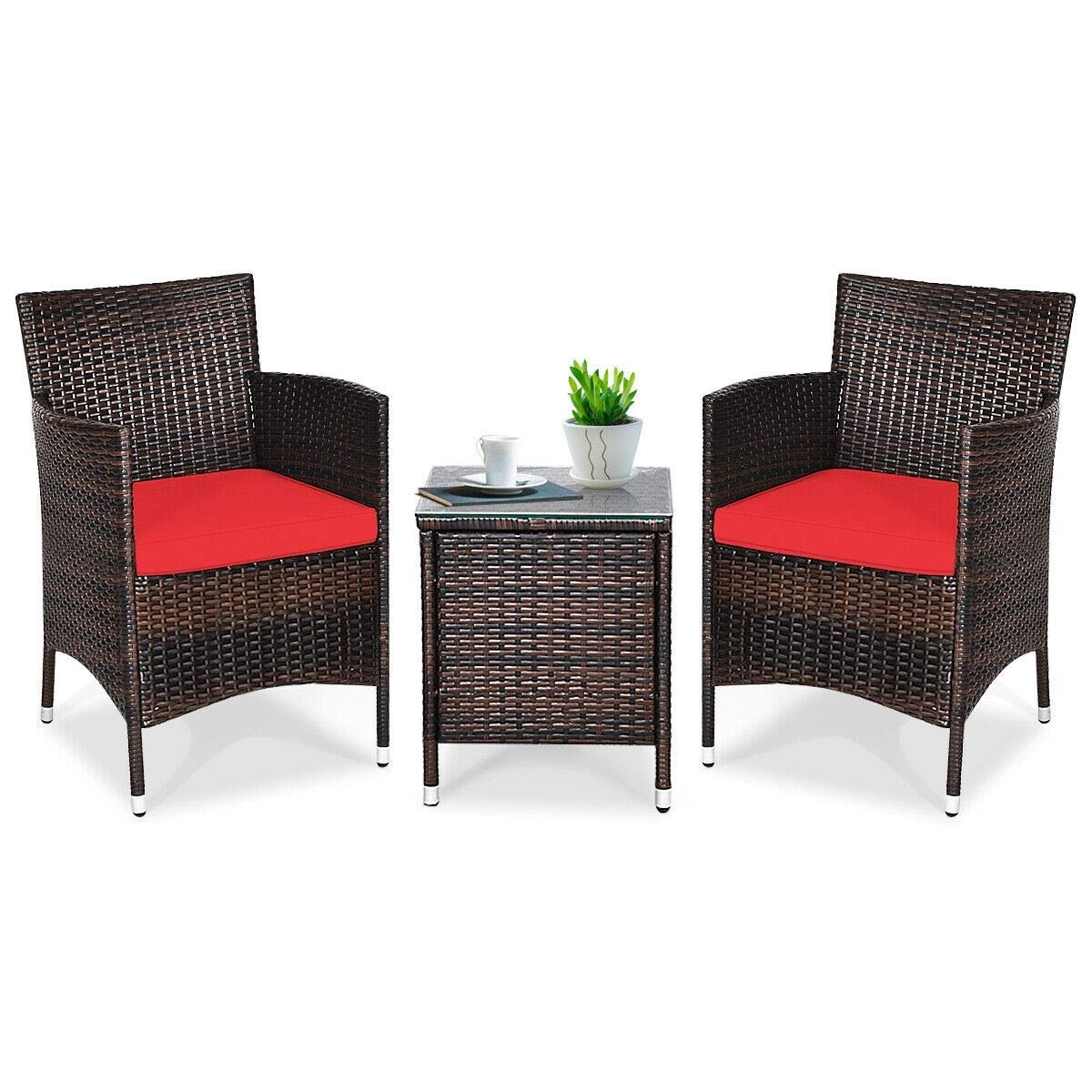HPW 3-Piece Outdoor Patio Furniture Set with 2 Rattan Chairs & Tempered Glass Coffee Table - Red Cushions for Backyard, Deck, Balcony, Poolside & Outdoor Living Spaces | Perfect for Relaxing, Entertaining & Lounging
