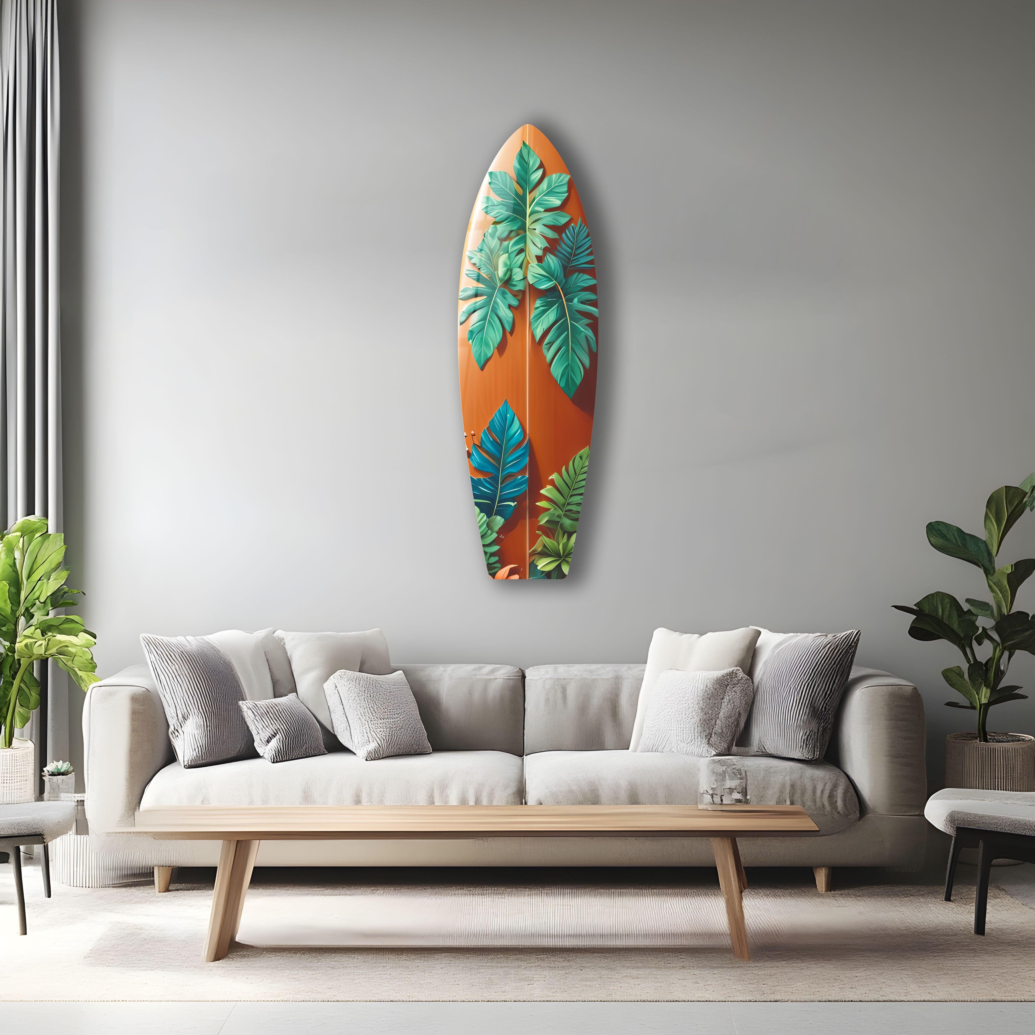 Blue & Green Leaf Surfboard Wall Art - Tropical Beach Decor for Living Room, Bedroom, or Office
