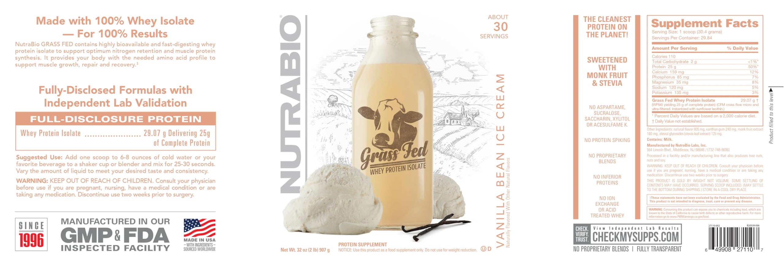 NutraBio Grass Fed Whey Isolate Protein Powder - 25G Protein Per Scoop, Sugar Free, Natural Lean Muscle Supplement - Vanilla Bean Flavor, 2LB (29 Servings) | Post-Workout Recovery & Healthy Meal Replacement for Athletes & Fitness Enthusiasts