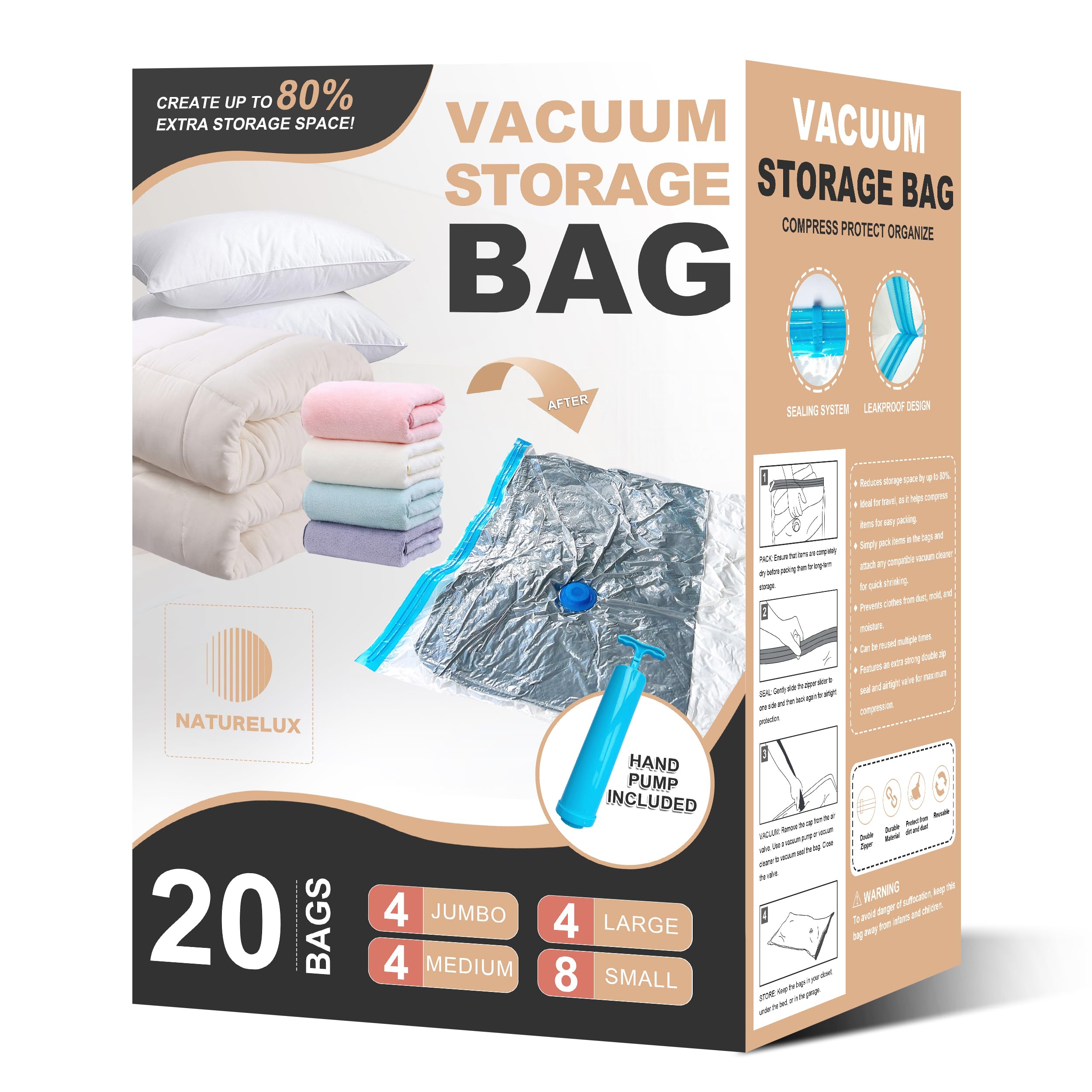 20-Pack Vacuum Storage Bags with Hand Pump - Space Saving Vacuum Sealed Bags for Clothes, Comforters & Blankets (4 Jumbo/4 Large/4 Medium/8 Small) | Perfect for Seasonal Storage, Travel & Home Organization
