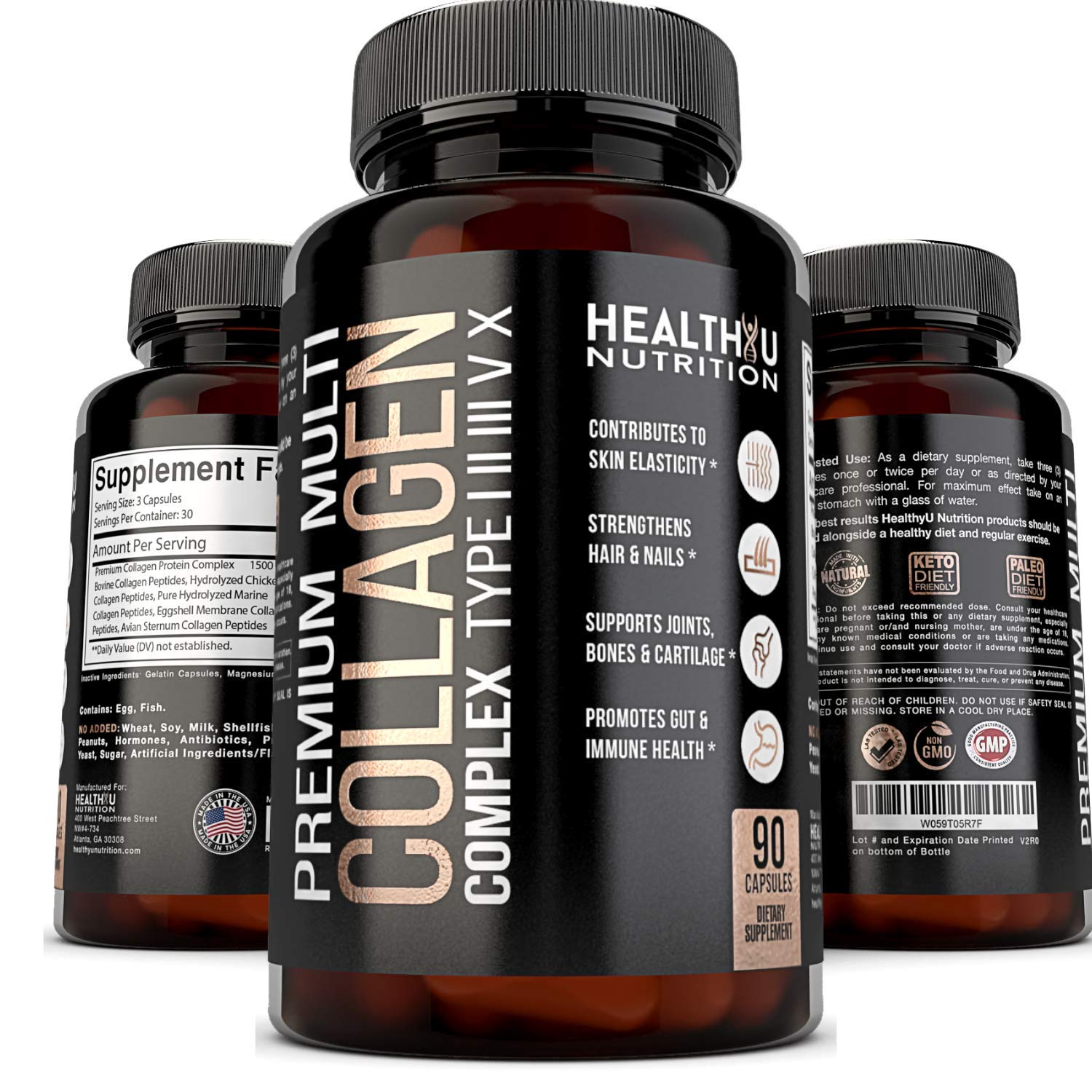 Premium Hydrolyzed Multi Collagen Peptides Supplement - Types 1, 2, 3, 5 & 10 for Skin, Hair, Nails, Joints & Bone Health - 90 Capsules for Men & Women - Supports Radiant Beauty & Active Lifestyle