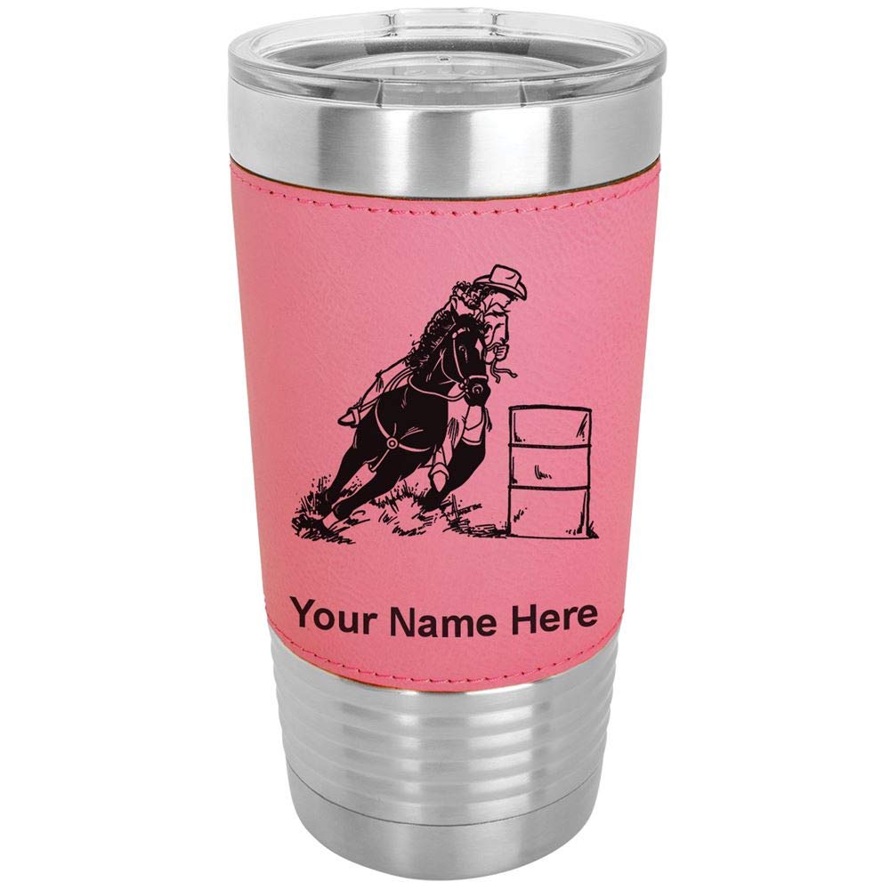 LaserGram 20oz Vacuum Insulated Stainless Steel Tumbler Mug with Personalized Engraving - Barrel Racer Design, Faux Leather Lid, Pink - Perfect for Coffee, Tea & Cold Drinks at Work, Gym or Outdoor Activities