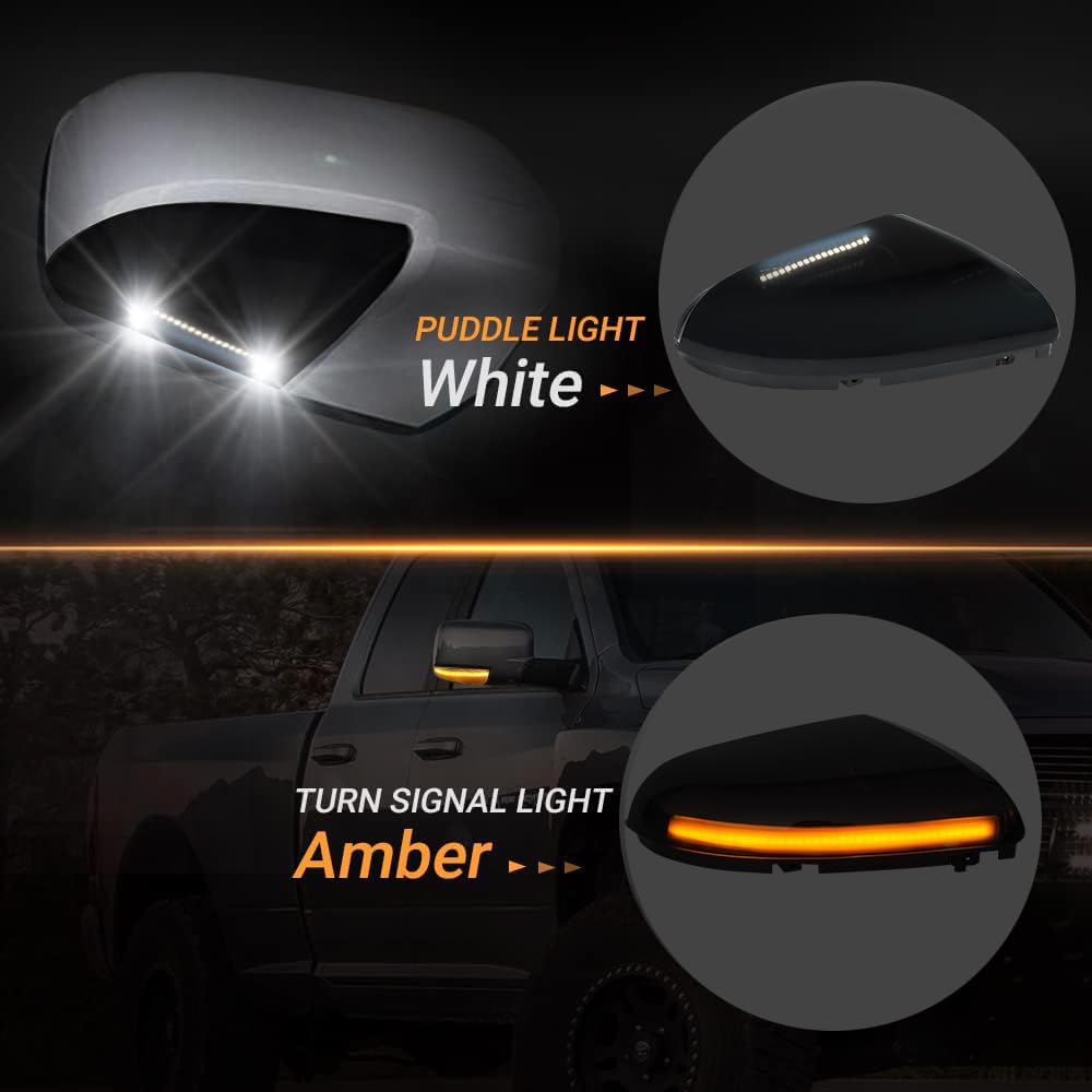 D-Lumina Sequential LED Side Mirror Turn Signal Lights with Smoked Lens & Puddle Light - Compatible with Dodge Ram 1500 (2009-2018), Ram 2500/3500 (2010-2018) - Dynamic Indicator Strip Mirror Marker Lamp - Pack of 2 - Enhanced Night Visibility & Safety for Off-Road Driving