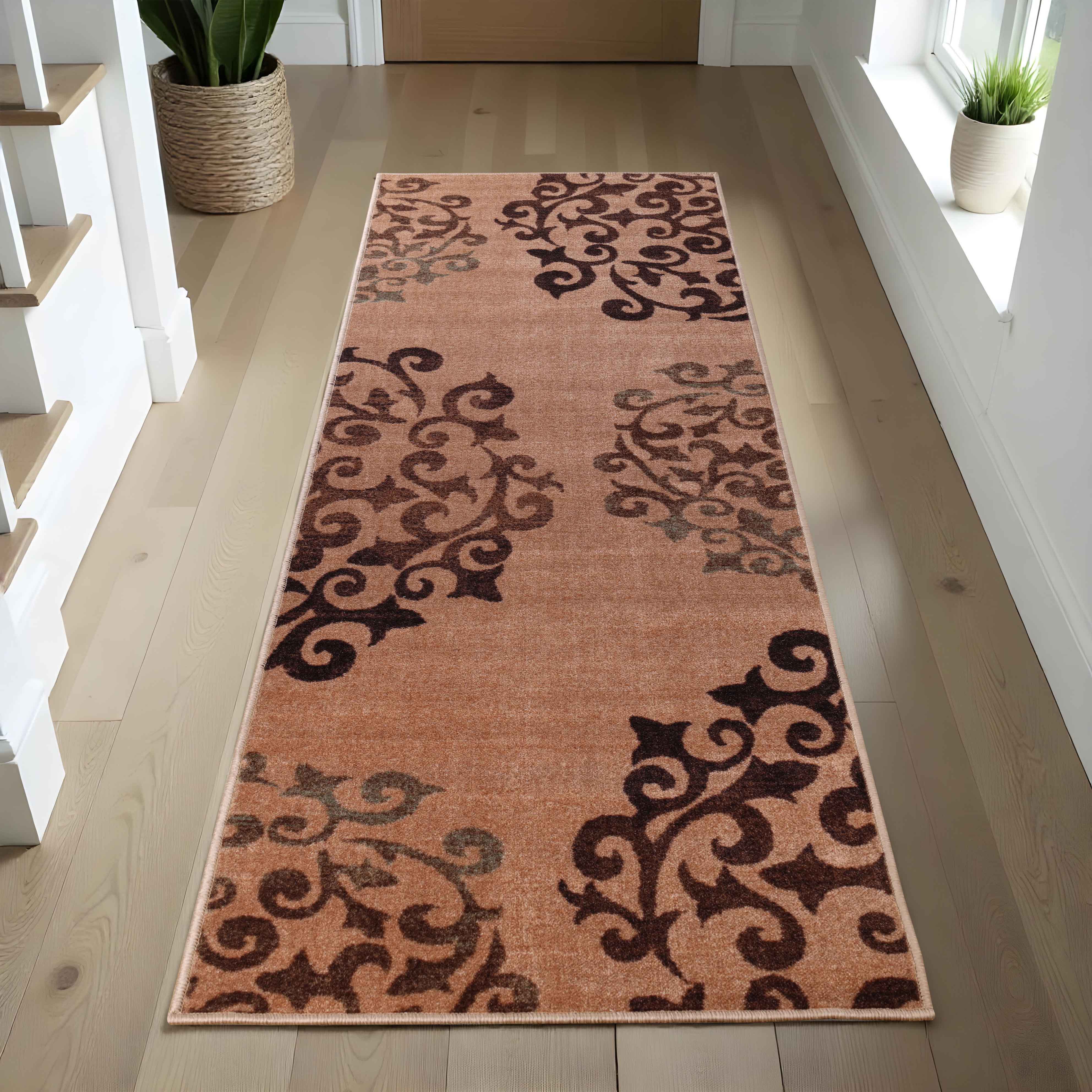 Non-Slip Washable Amber Floral Scroll Indoor Area Rug or Runner - Perfect for Living Room, Bedroom, and Hallway Decor