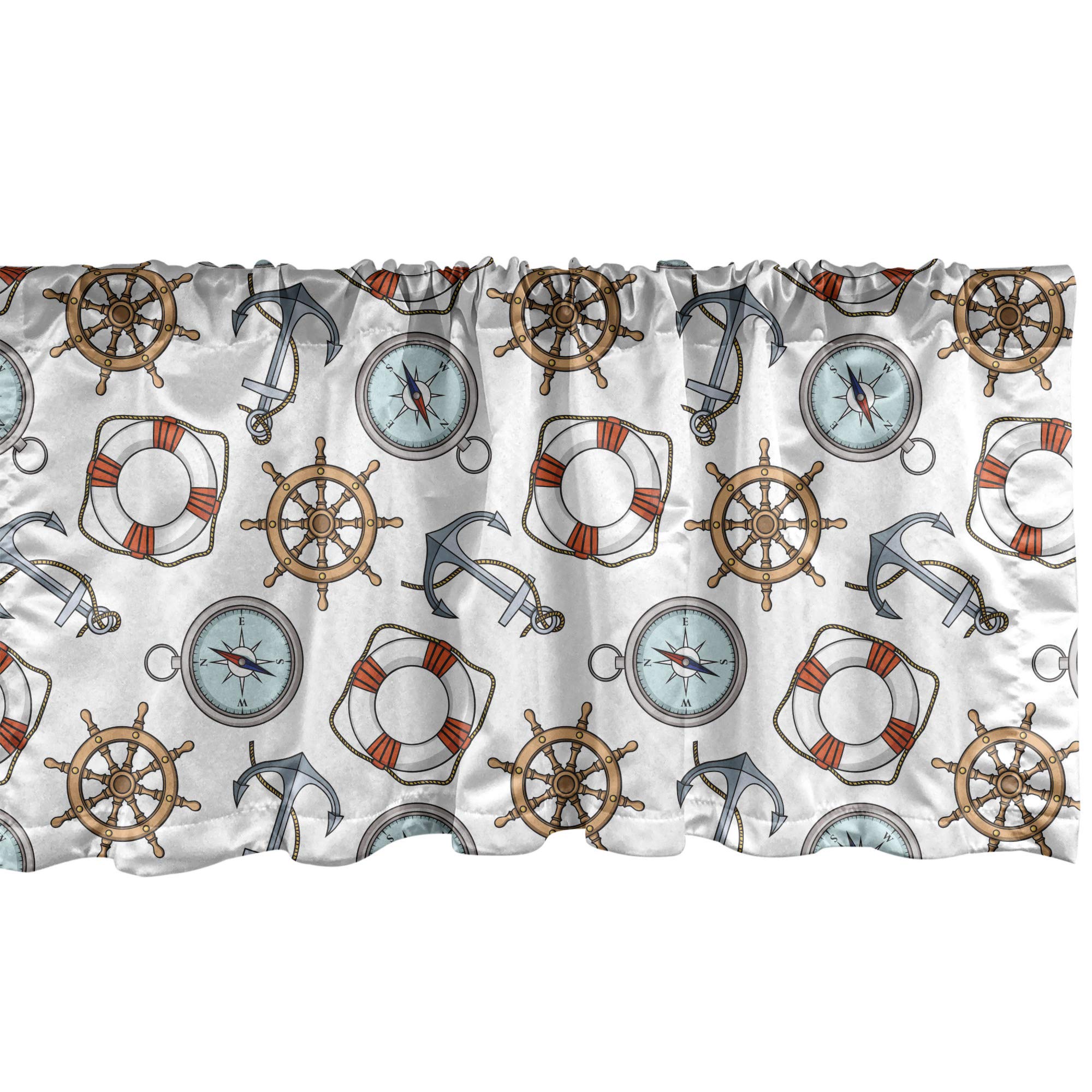 Ambesonne Nautical Compass Window Valance - Ship Steering Wheel & Anchor Marine Design Curtain Valance with Rod Pocket (54