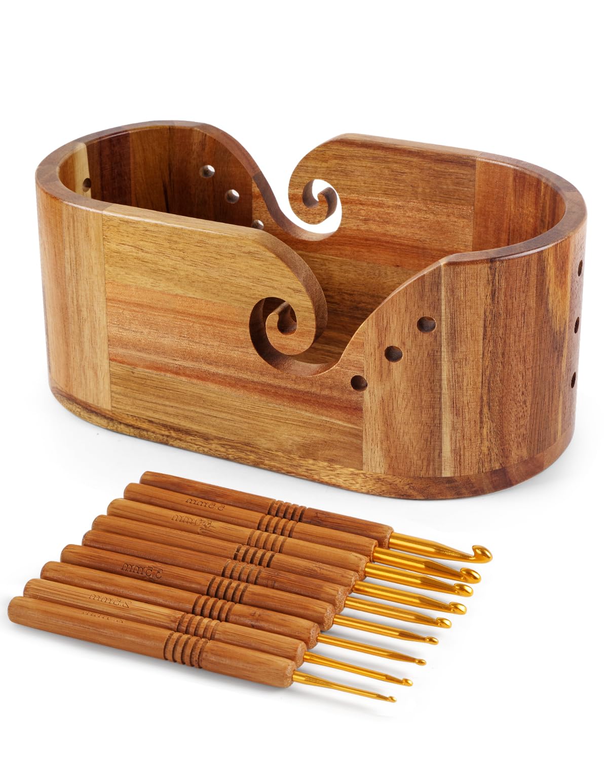 Premium Acacia Wood Yarn Bowl for Crocheting & Knitting - Large 11.3x5.9x4.7 Inch Oval Yarn Holder with 9pc Knitting Hook Set - Perfect for Yarn Storage & Craft Organization - Ideal for Home, Studio & Gift Giving