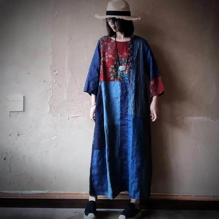 Vintage Blue Linen Patchwork Maxi Dress for Women with 3/4 Sleeves - Boho Summer Beach Dress for Casual Outings & Vacations