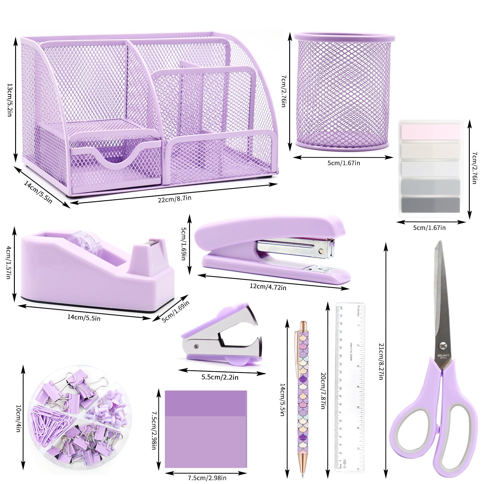 12-Piece Purple Desk Organizer Set with Pen Holder, Tape Dispenser, Stapler, Scissors, Ruler & Staple Remover - Stylish Office & School Supplies for Women - Perfect for Home Workspace, Classroom Organization & Gift Giving