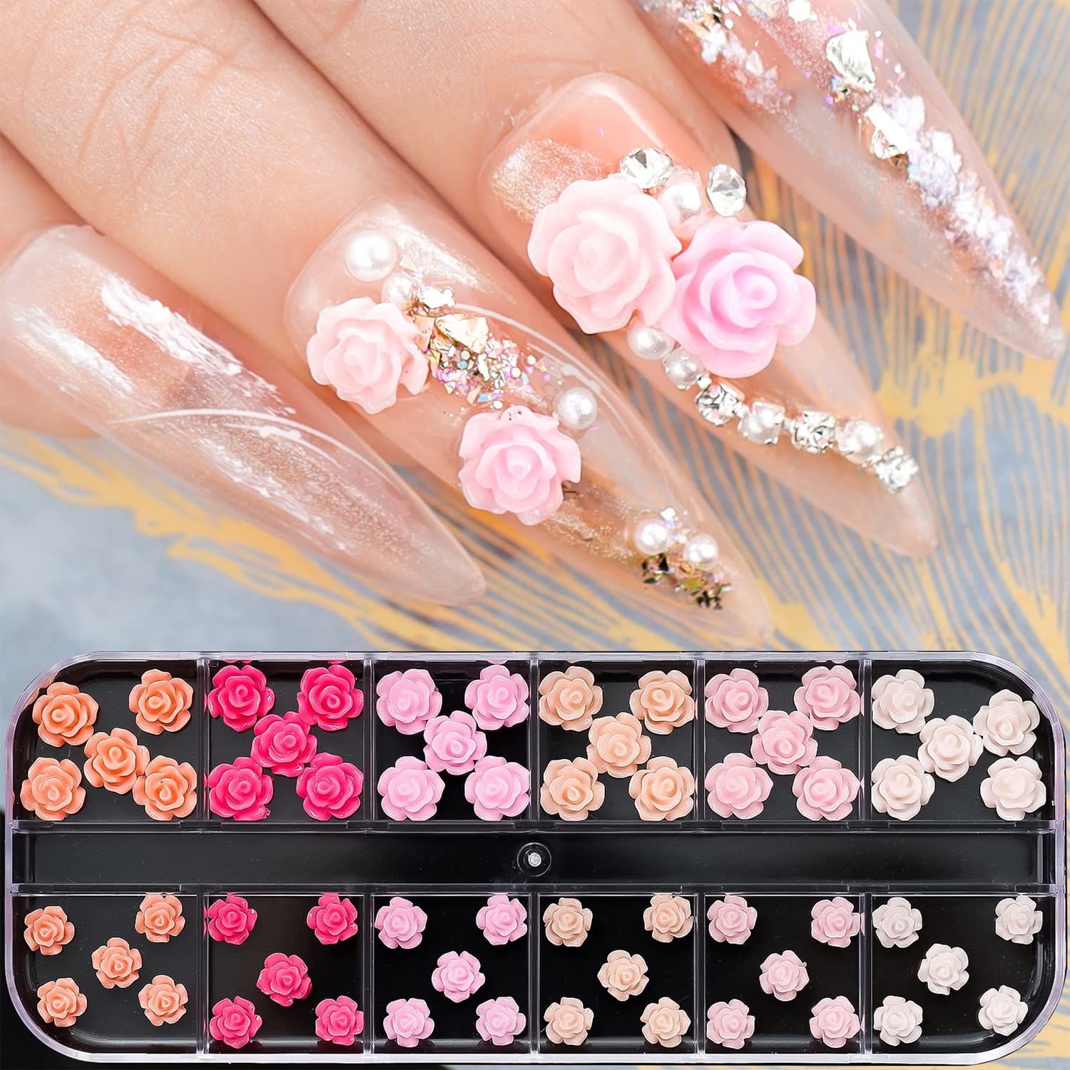 WOKOTO 2-Pack 3D Rose Flower Nail Charms - Acrylic Nail Art Decorations & Jewelry for DIY Manicure, Bridal, Party, and Salon Nail Designs