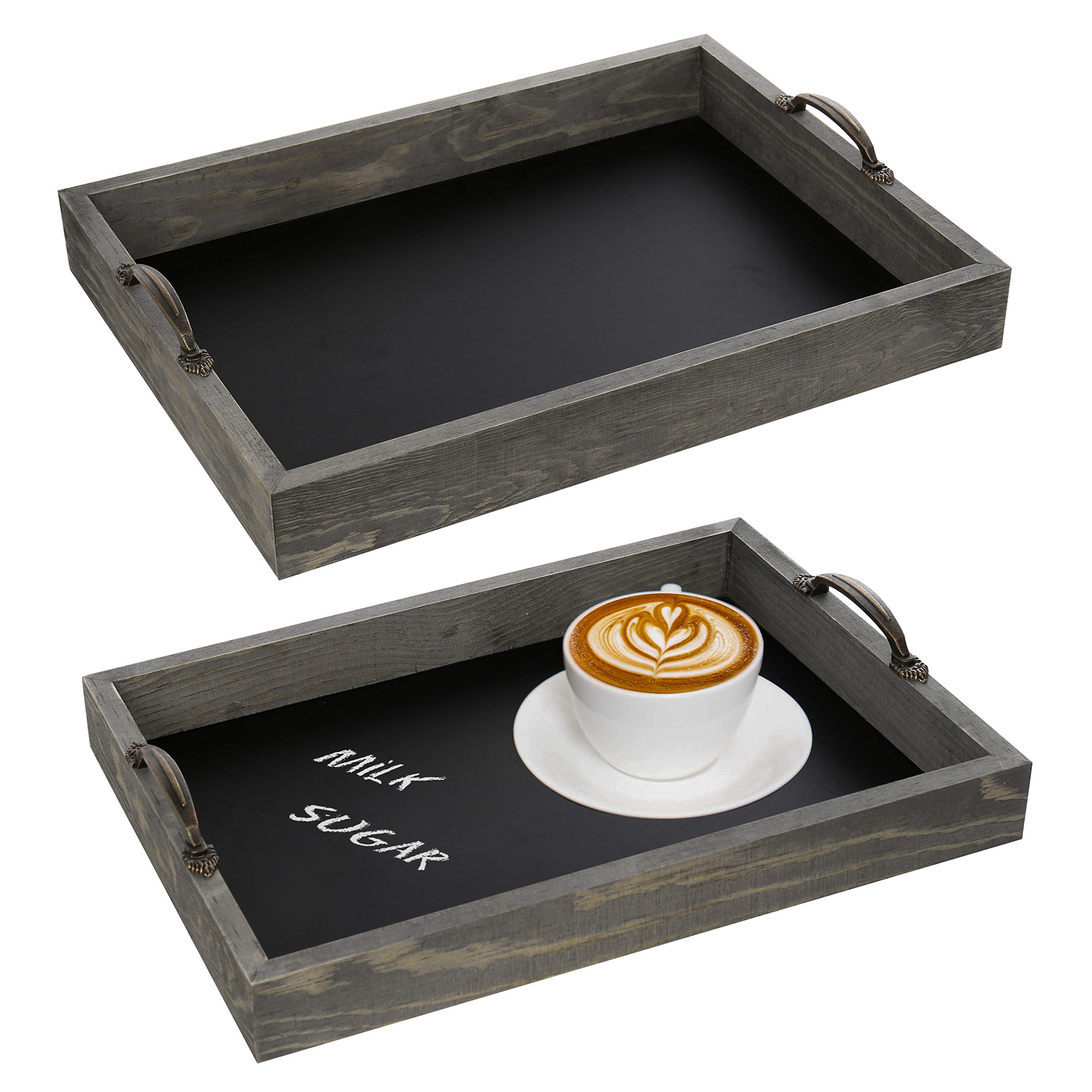 Vintage Grey Wood Large Decorative Serving Tray with Metal Handles - 2-Piece Set for Coffee Table, Breakfast, and Home Decor - Perfect for Entertaining, Dining, and Organizing