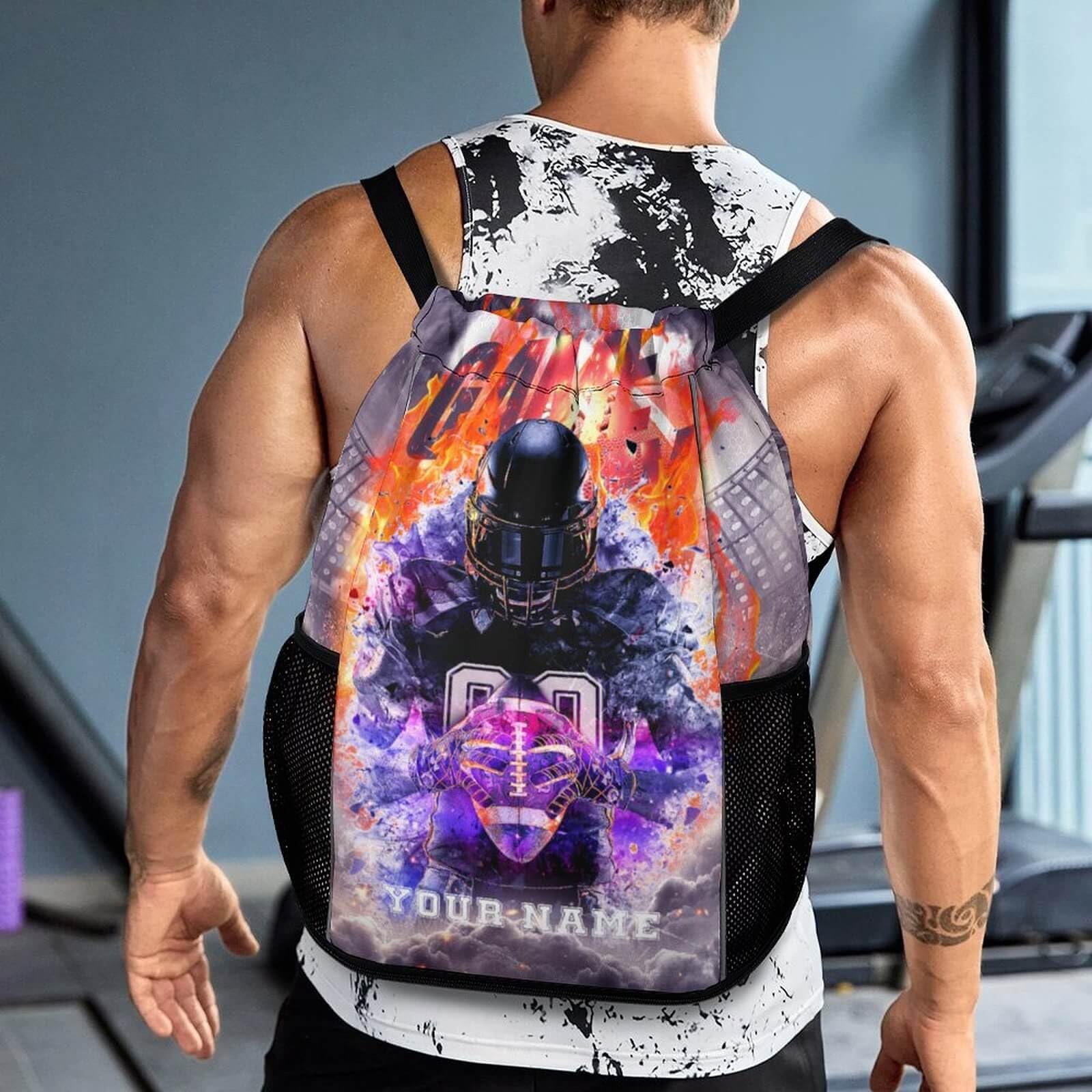 Custom Football Drawstring Backpack - Lightweight Foldable Sports Bag with Pockets for Kids, Women & Men - Perfect for Gym, School, Travel & Outdoor Activities